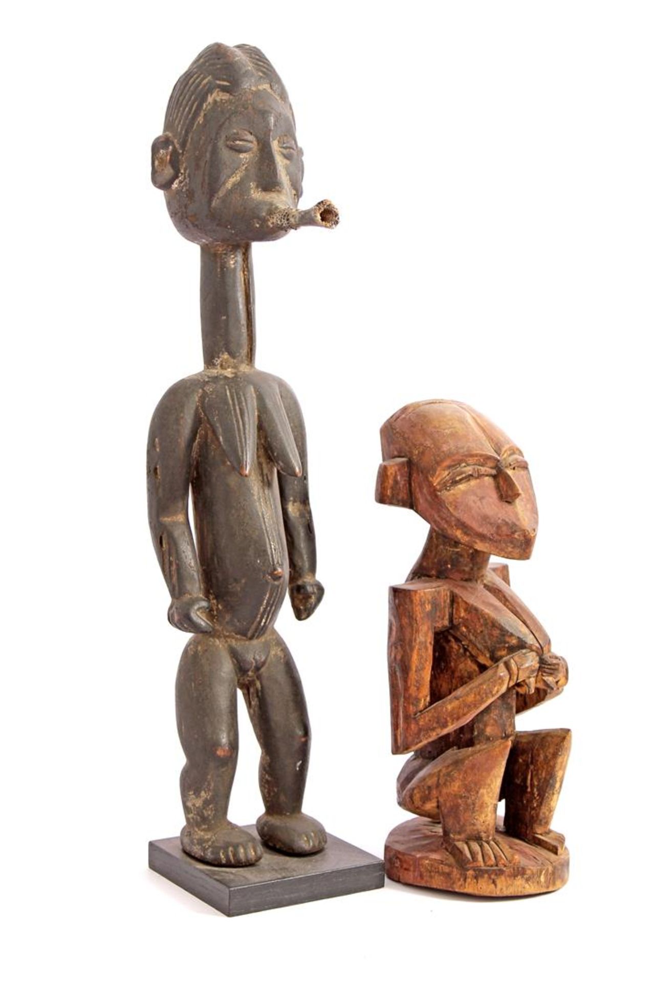 2 African wood-carved ancestor statues including Akan Ghana, 33 cm and 57 cm high