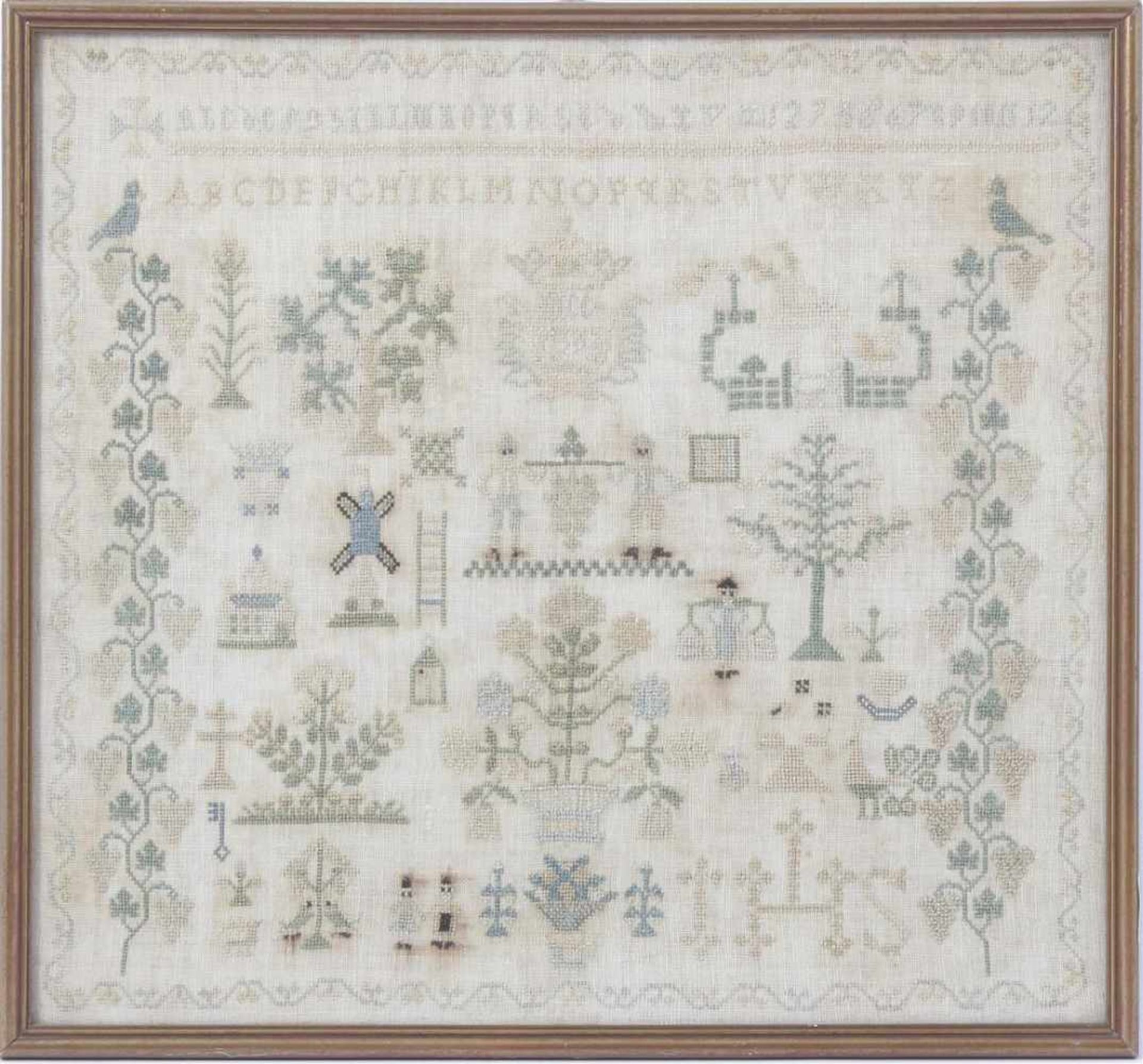 Framed sampler, dated 1795, 34.5 x 37.5 cm