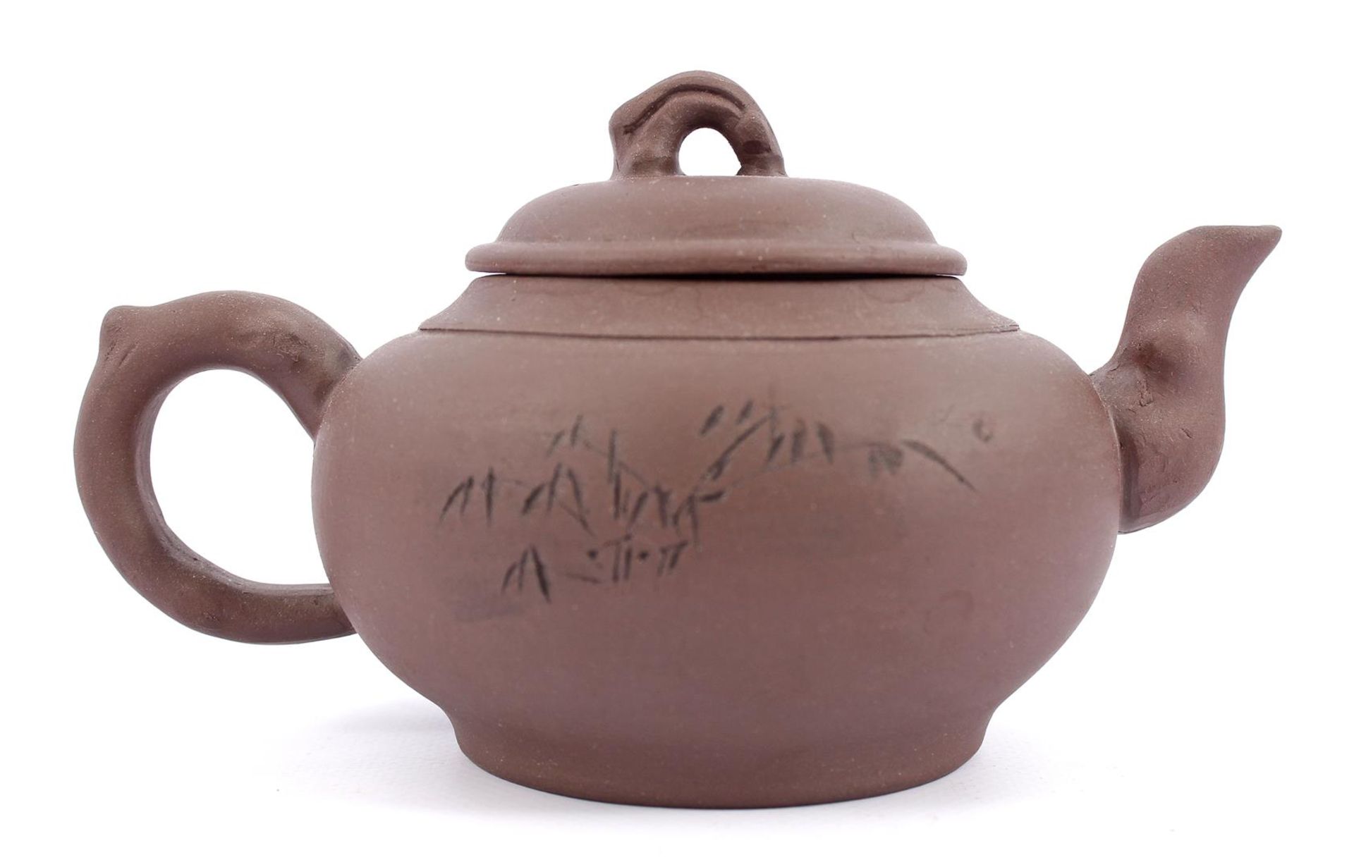 Yixing teapot with caligraphy n bamboo decor, marked at the bottom, 10 cm high