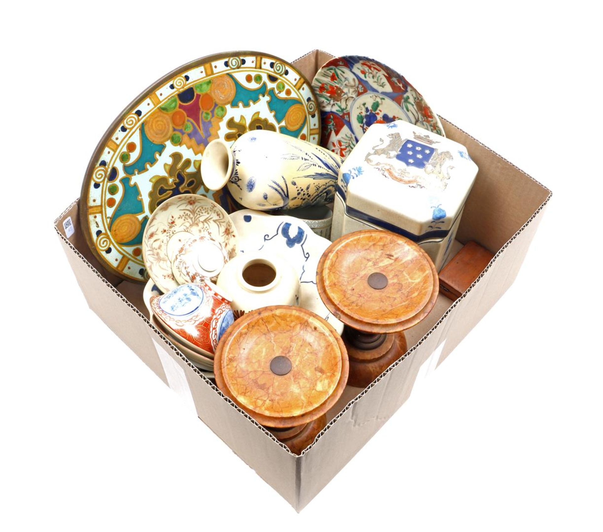 Box with Porceleyne Fles Delft earthenware bowl, Rozenburg The Hague earthenware vase, Japanese