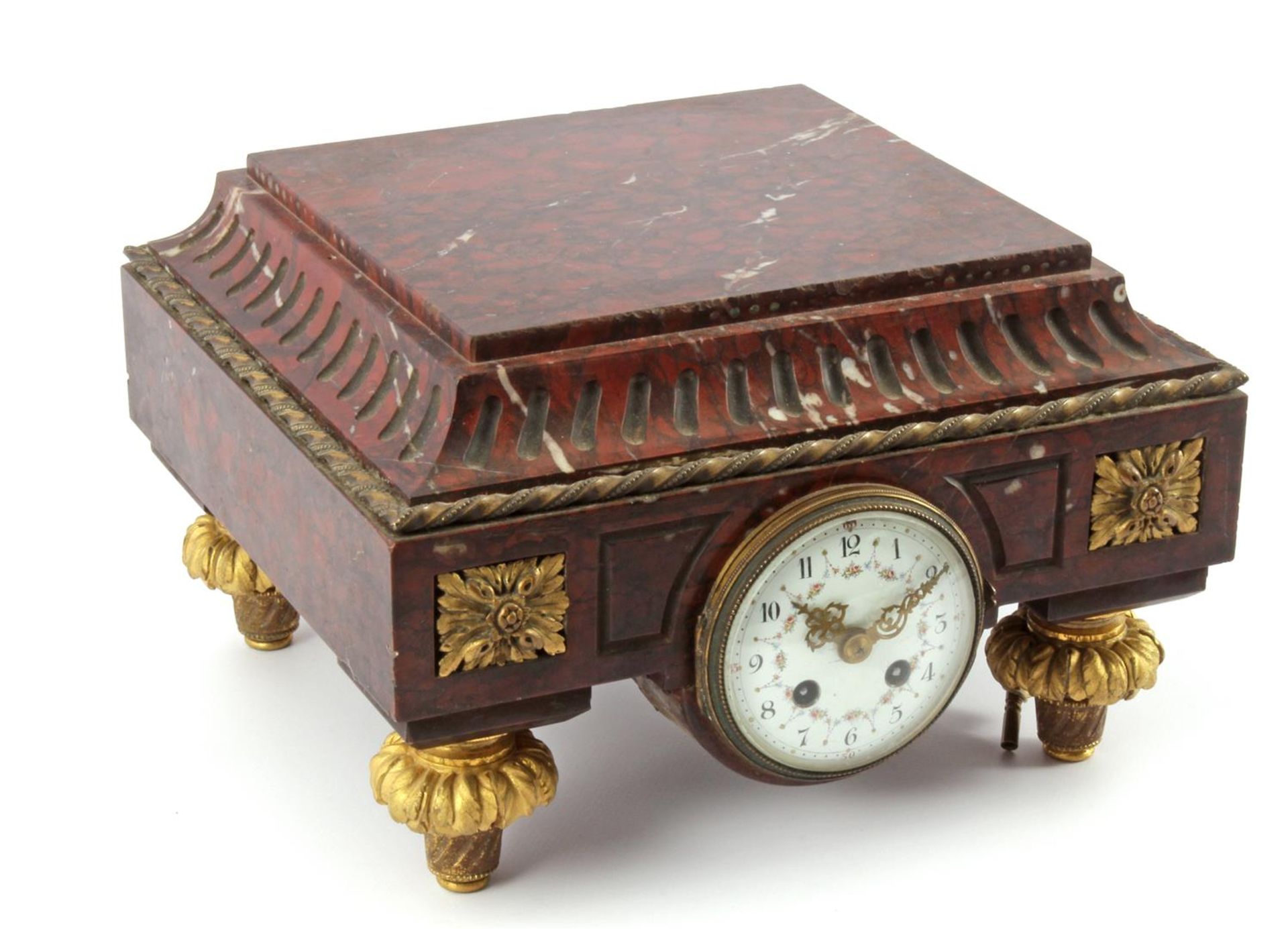 Marked Vincent and Cie, marble mantel clock with bronze ornaments, rim and enamelled dial & nbsp; 17