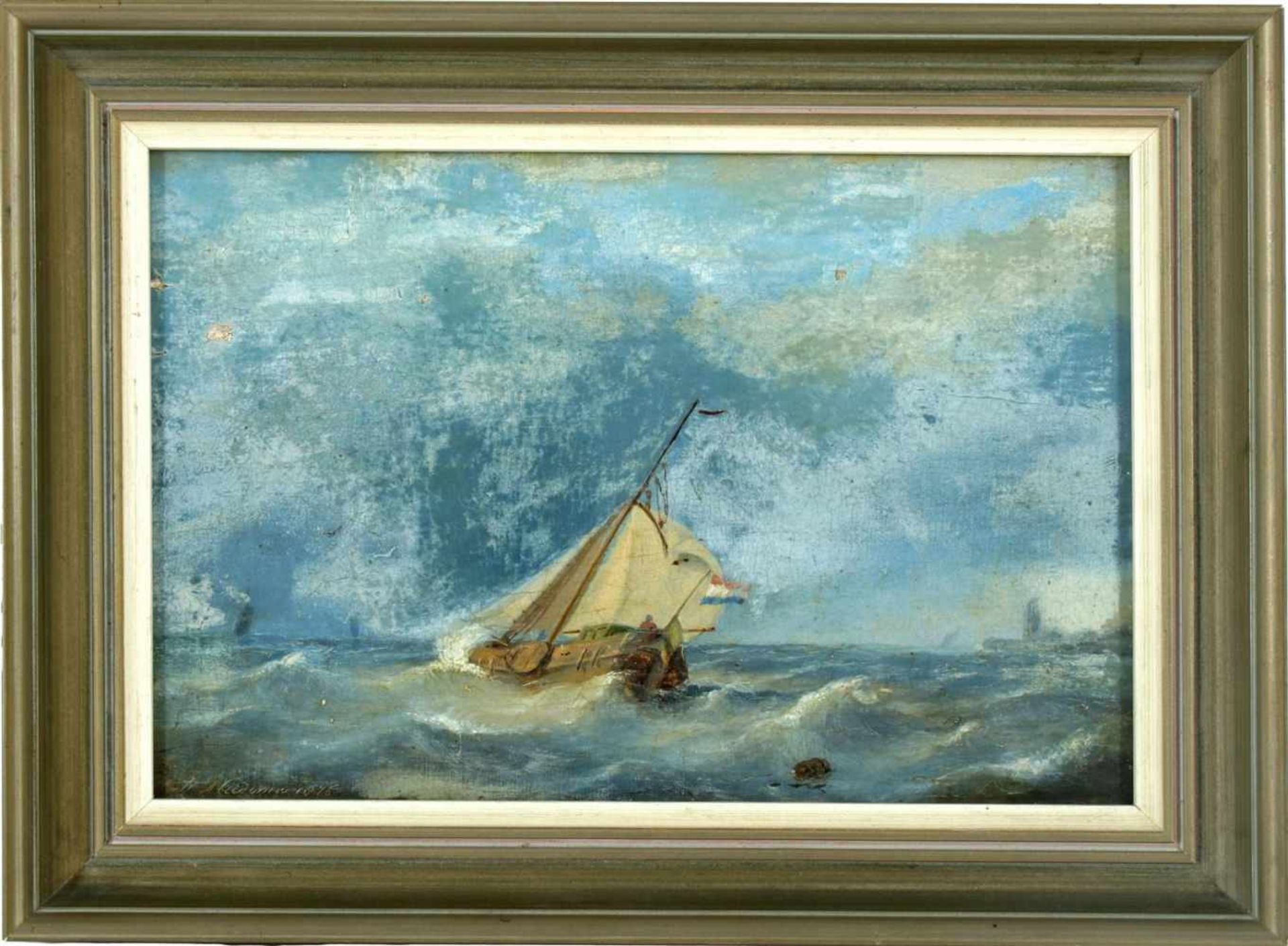 Unclear signed, Dutch cutter on turbulent sea, 1876, panel 26x18 cm