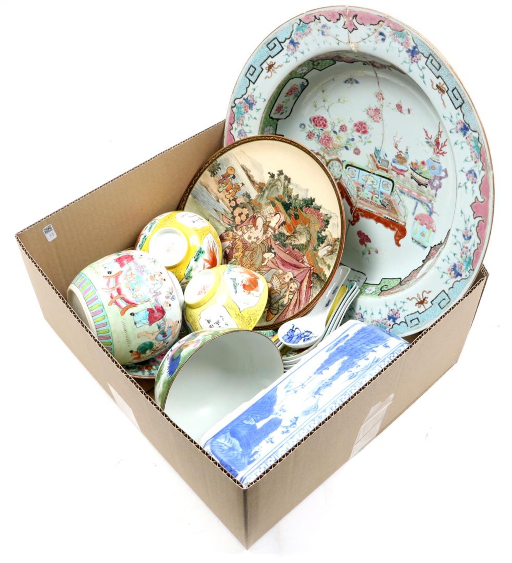 Box of various Asian porcelain including large dish with damage, spoons, Satsuma dish etc.
