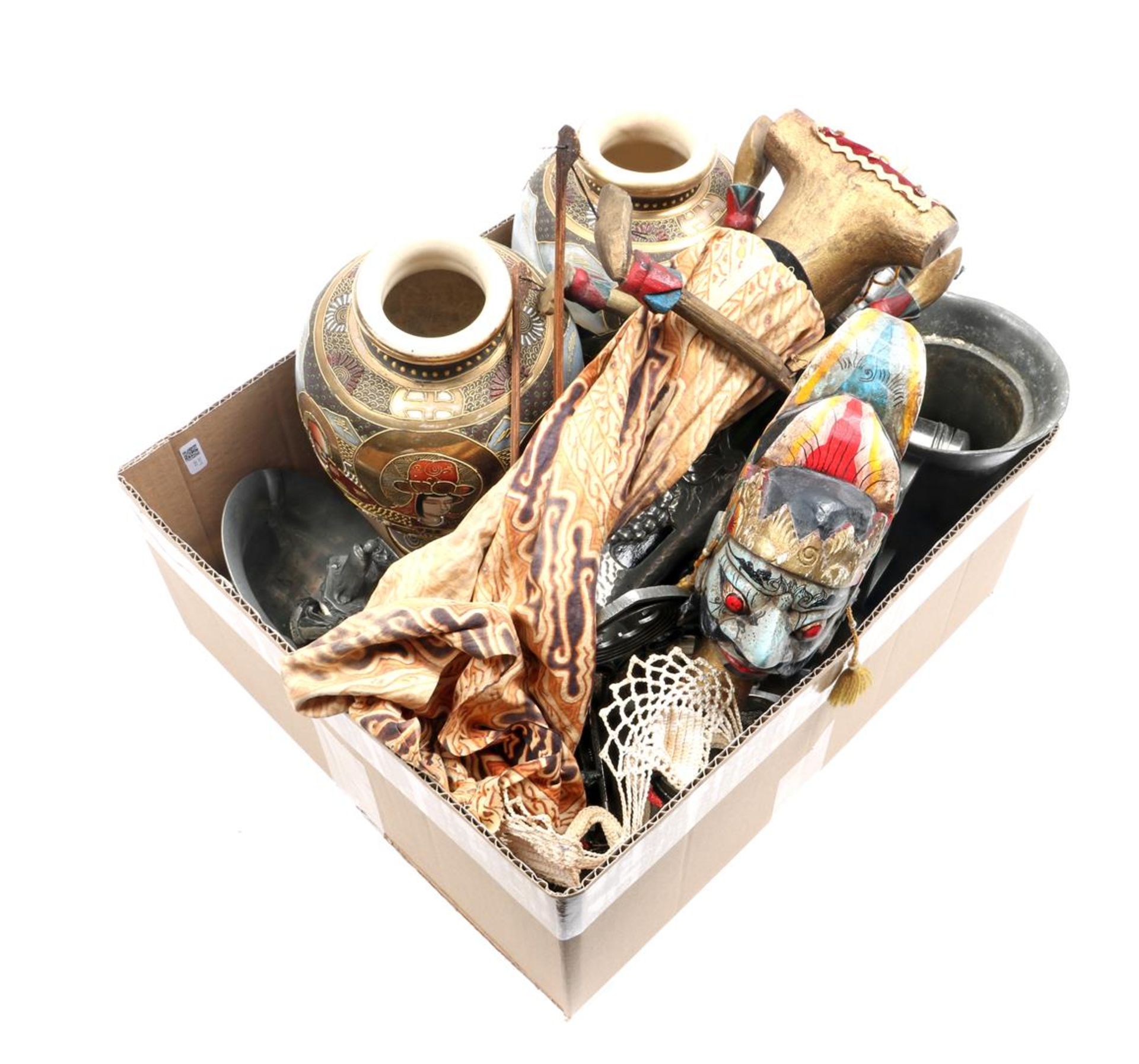 Box with Satsuma earthenware vases, pewter jug, Gero tin, wayang doll, silver spoons and various