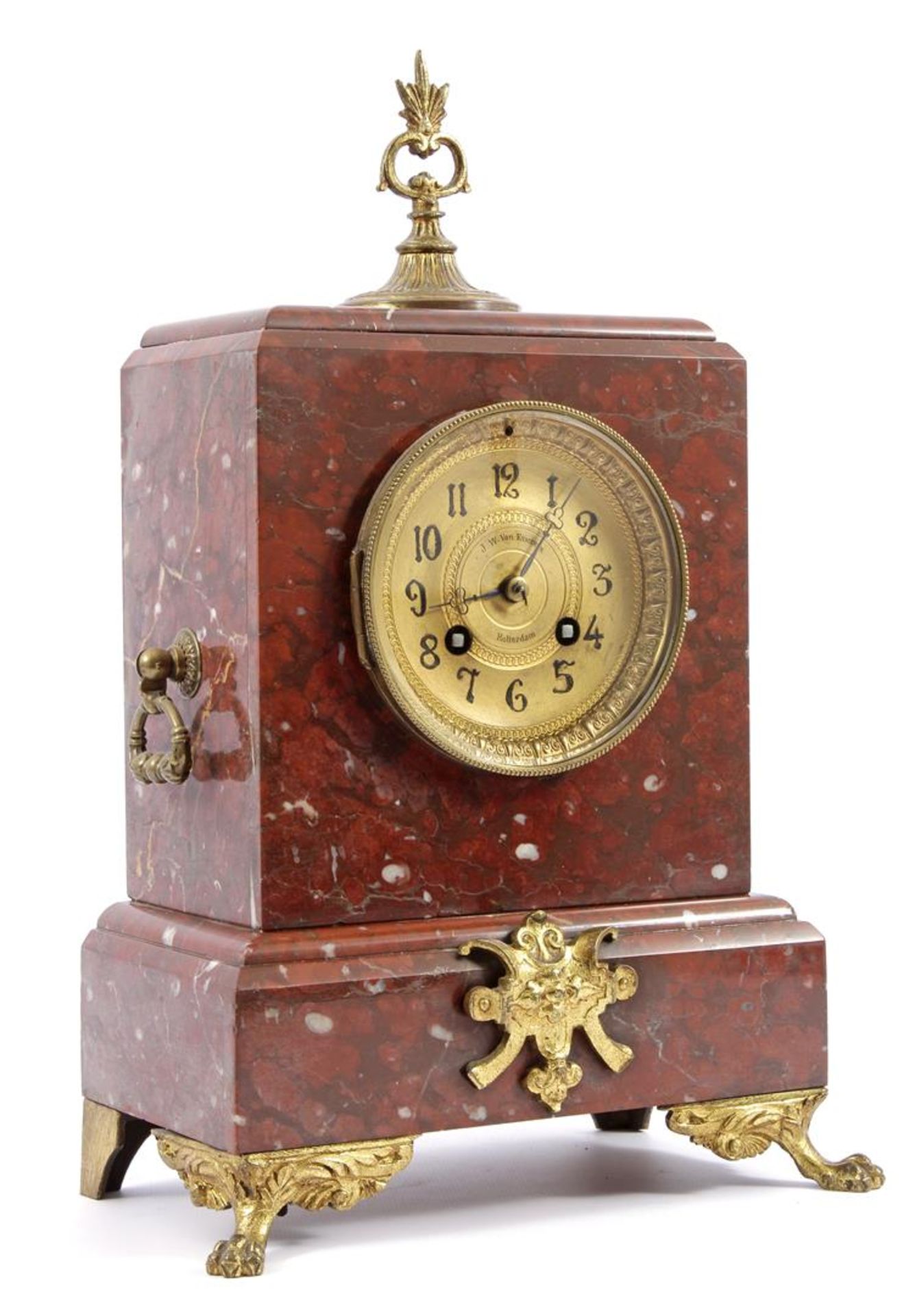 French marble mantel clock, timepiece marked Japy Freres, with address JW van Eymeren Rotterdam on