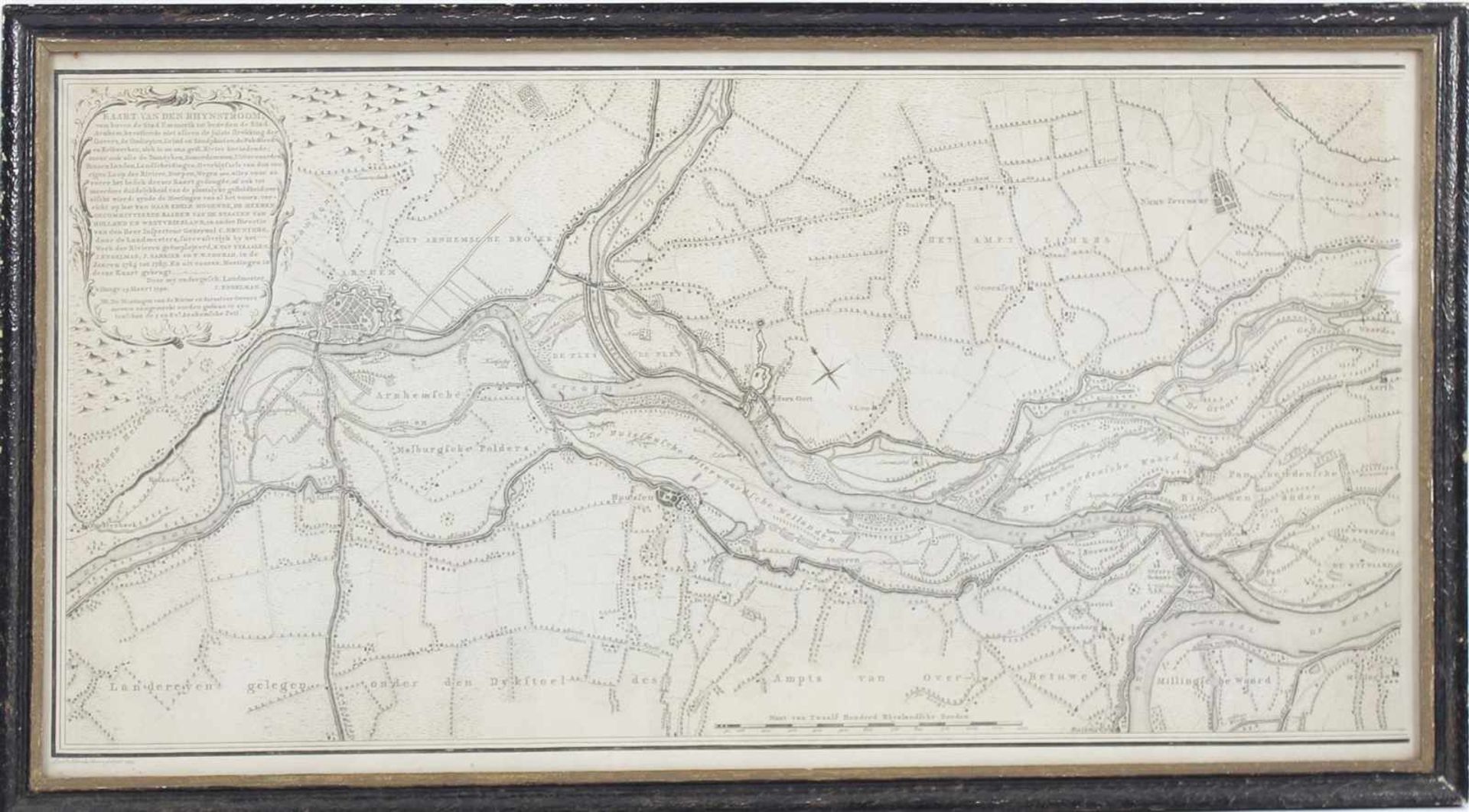 Old topographic map of the Rhynstroom by Leon Schenk Jansz, J Engelman March 29, 1790, 33x65 cm