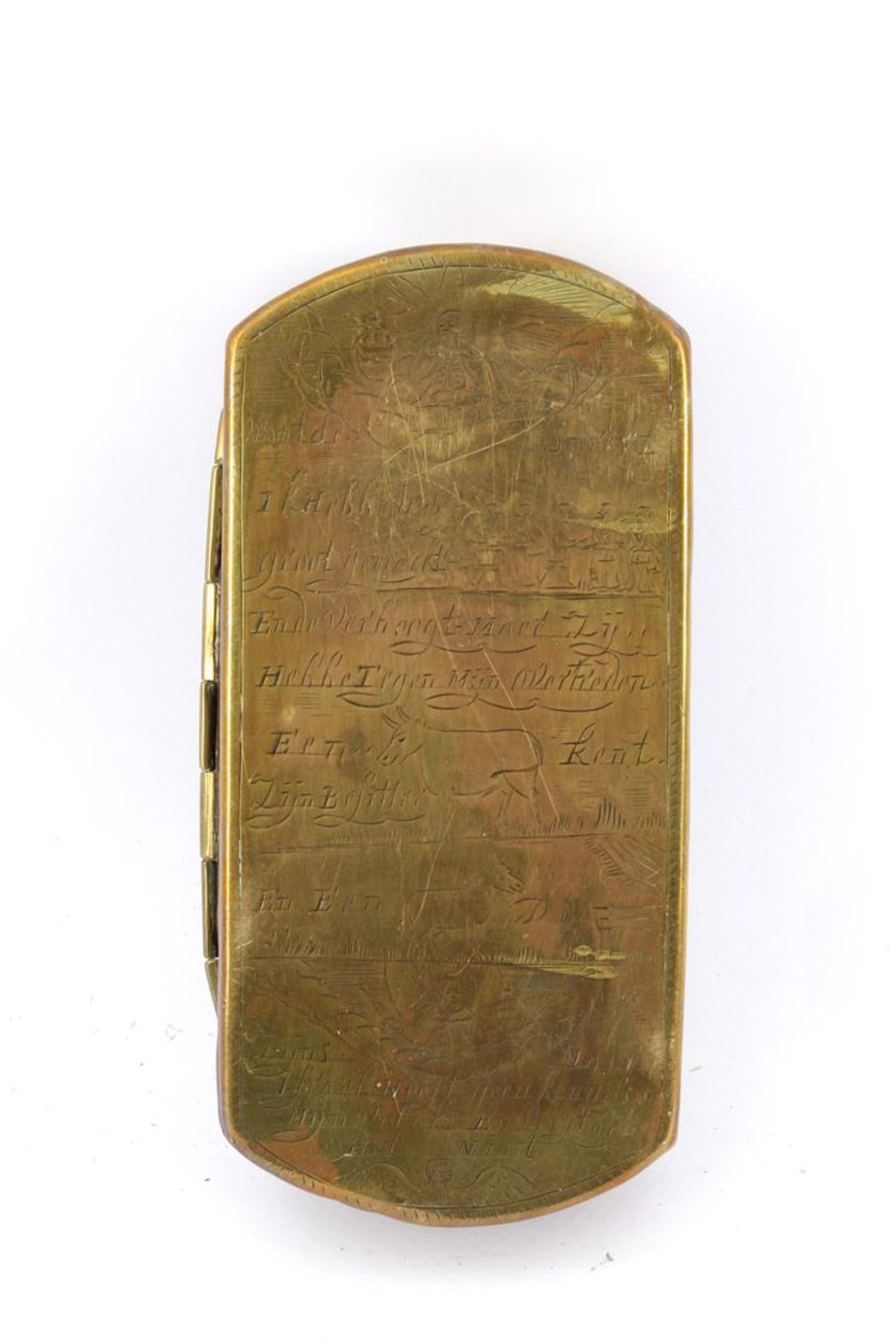 Copper 18th century tobacco box with etched decor and text Matthew 23 verse 37, 3 cm high, 15.7x8 - Image 4 of 4