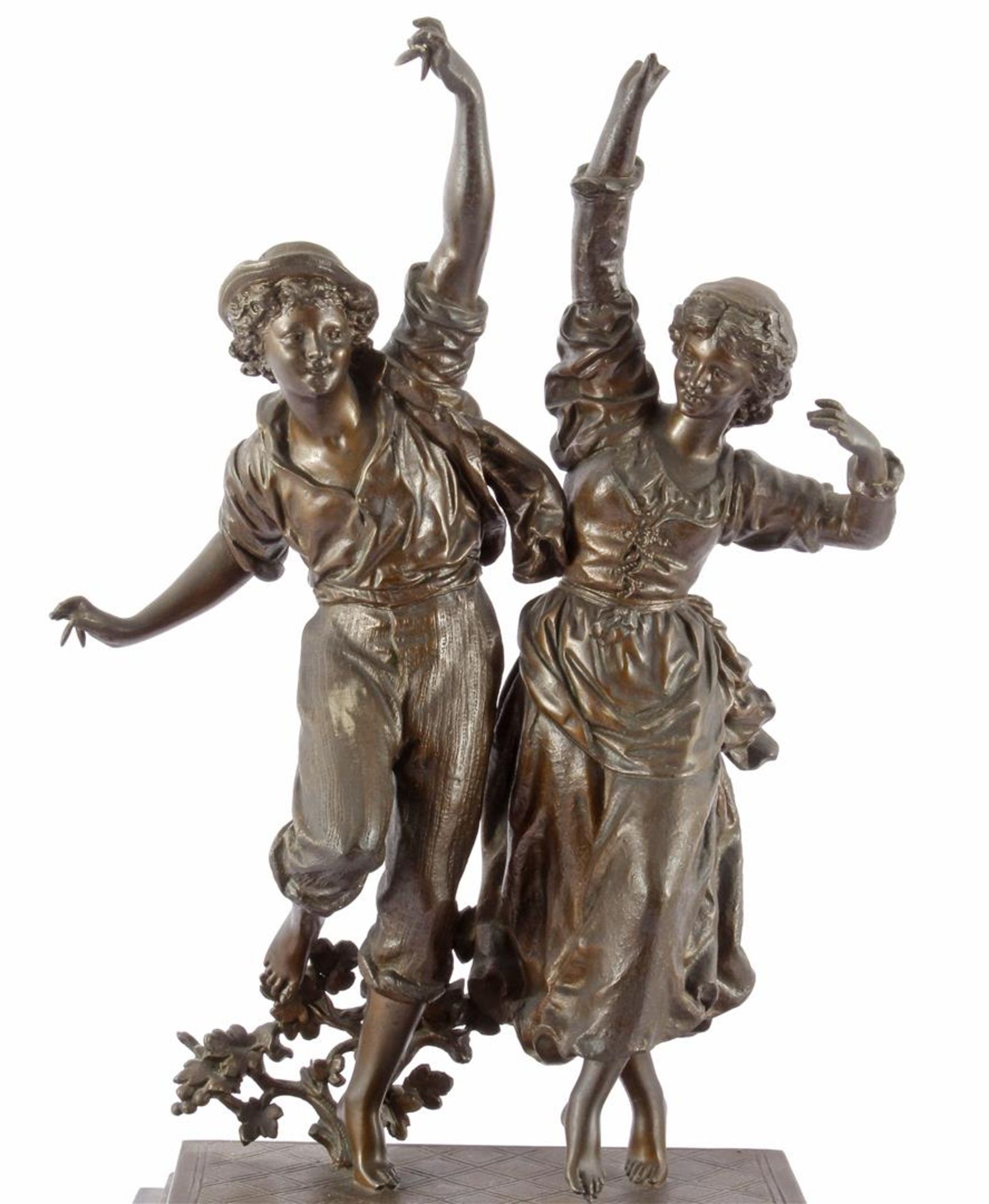 French marble mantel clock with zamak sculpture group of a dancing couple on top, marked AD Mougin & - Bild 2 aus 3