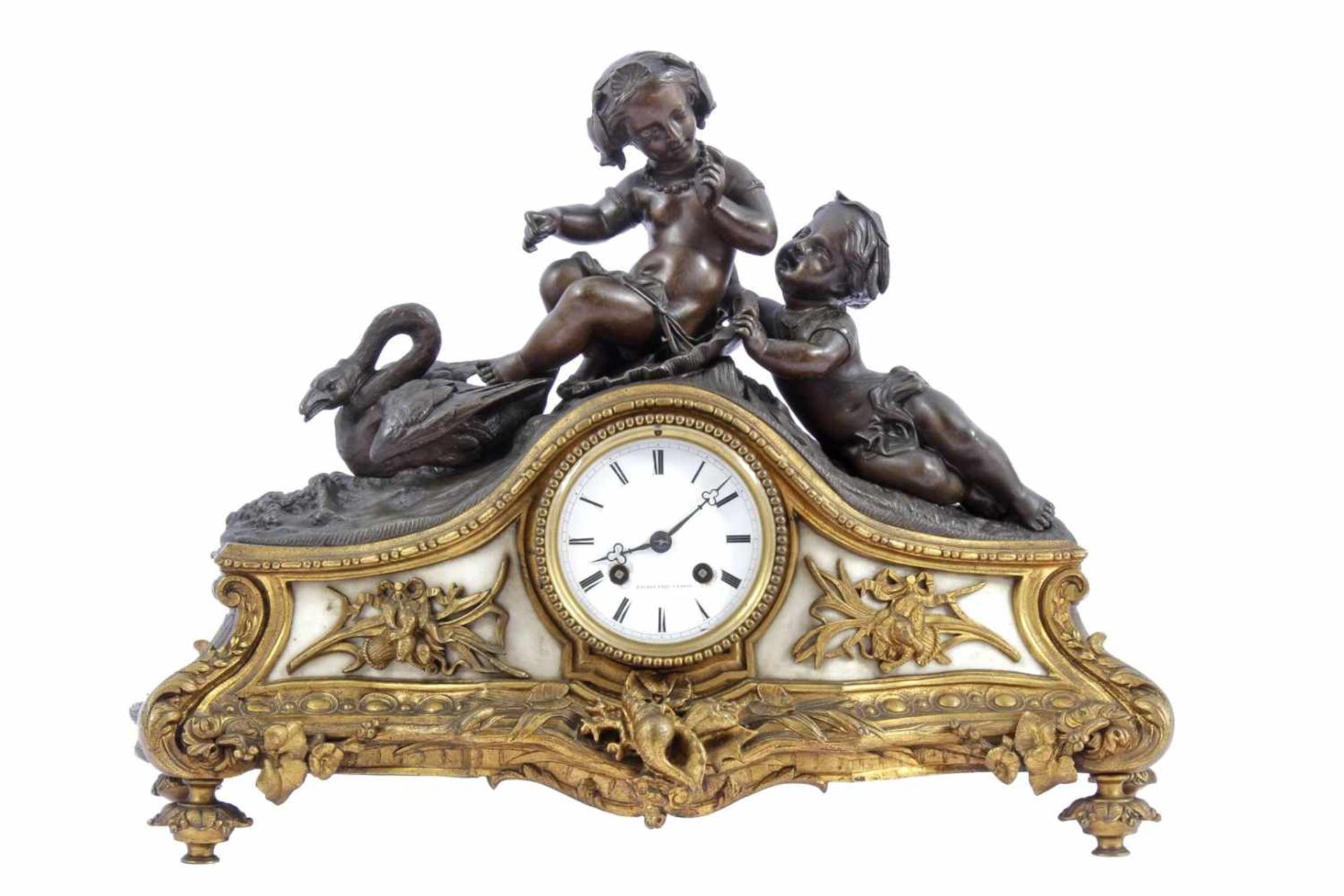 Signature Raingo Fres a Paris, copper 19th century mantel clock, decorated with flowers, shells,