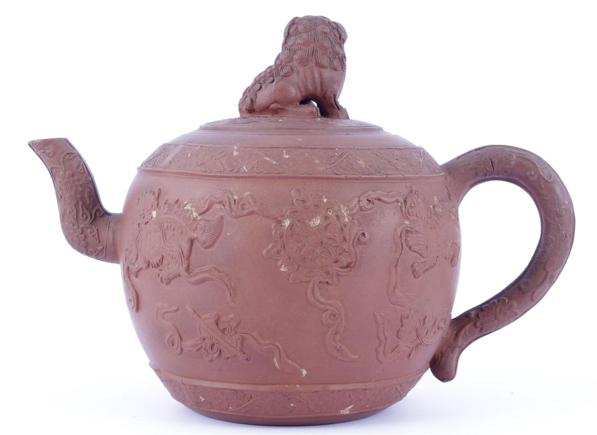 Yixing teapot with beautiful relief decor on the pouring spout, ear and around the pot. Cover - Bild 2 aus 18