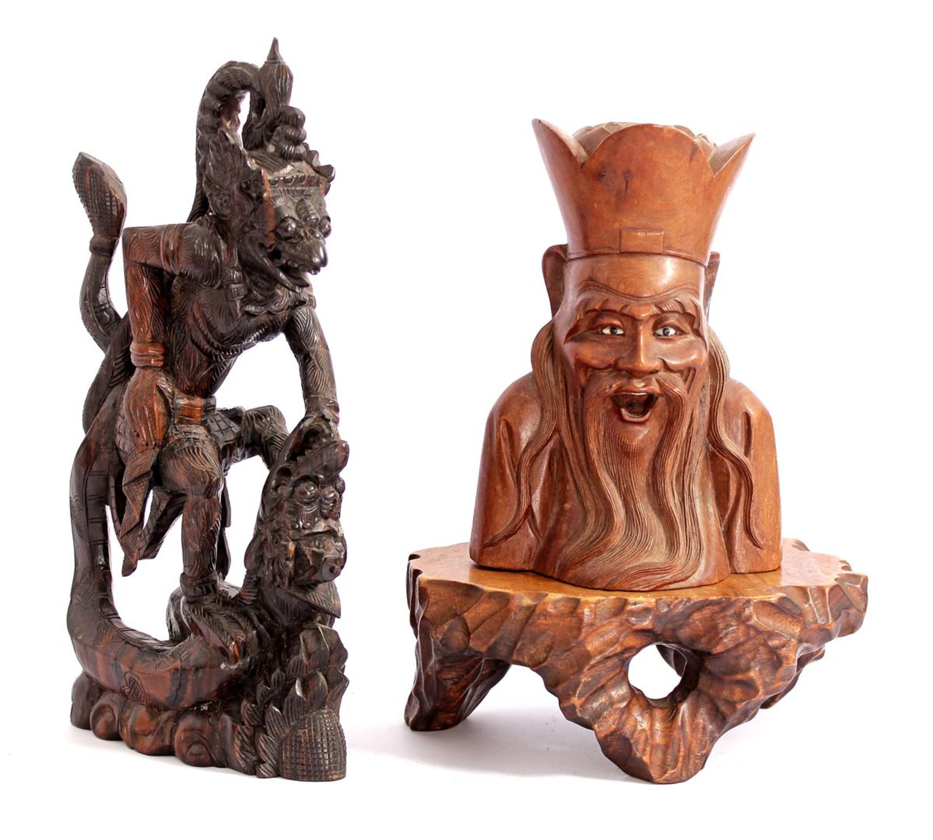 Chinese teak bust of a wise man 20.5 cm high, on base 8.5 cm high and 2 soapstone statues of woman