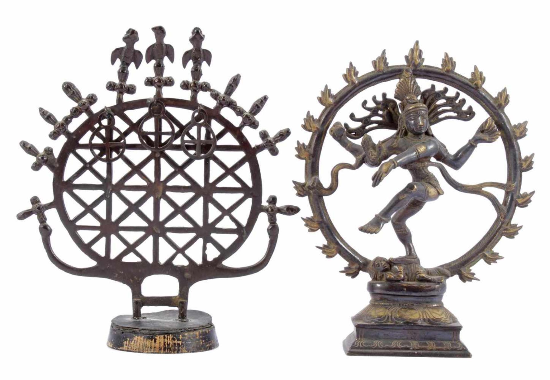 Bronze Shiva 23.5 cm high and bronze ceremony object on wooden base 24 cm high