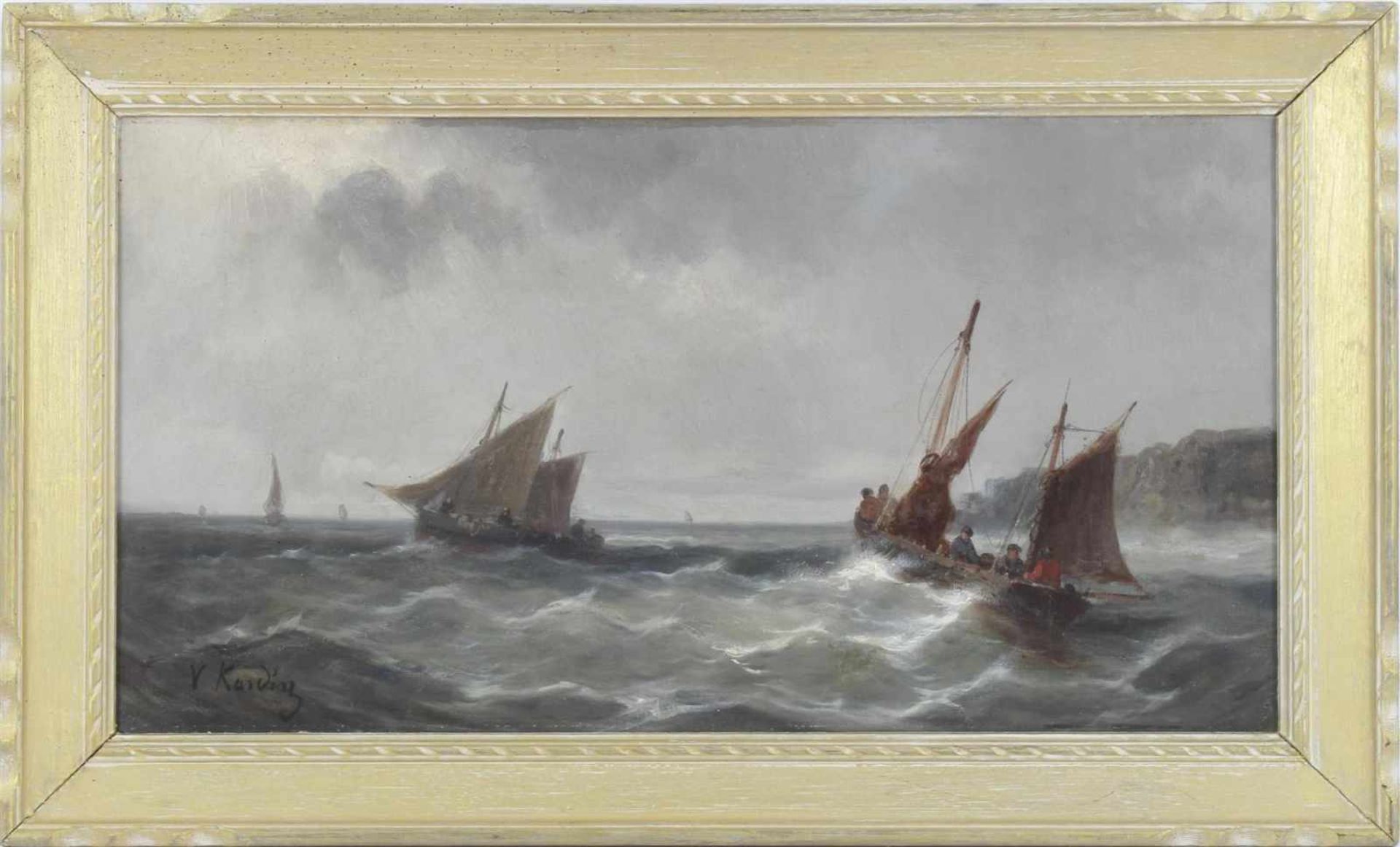 Unclearly signed, Fishing boats on turbulent sea, canvas 35x65 cm