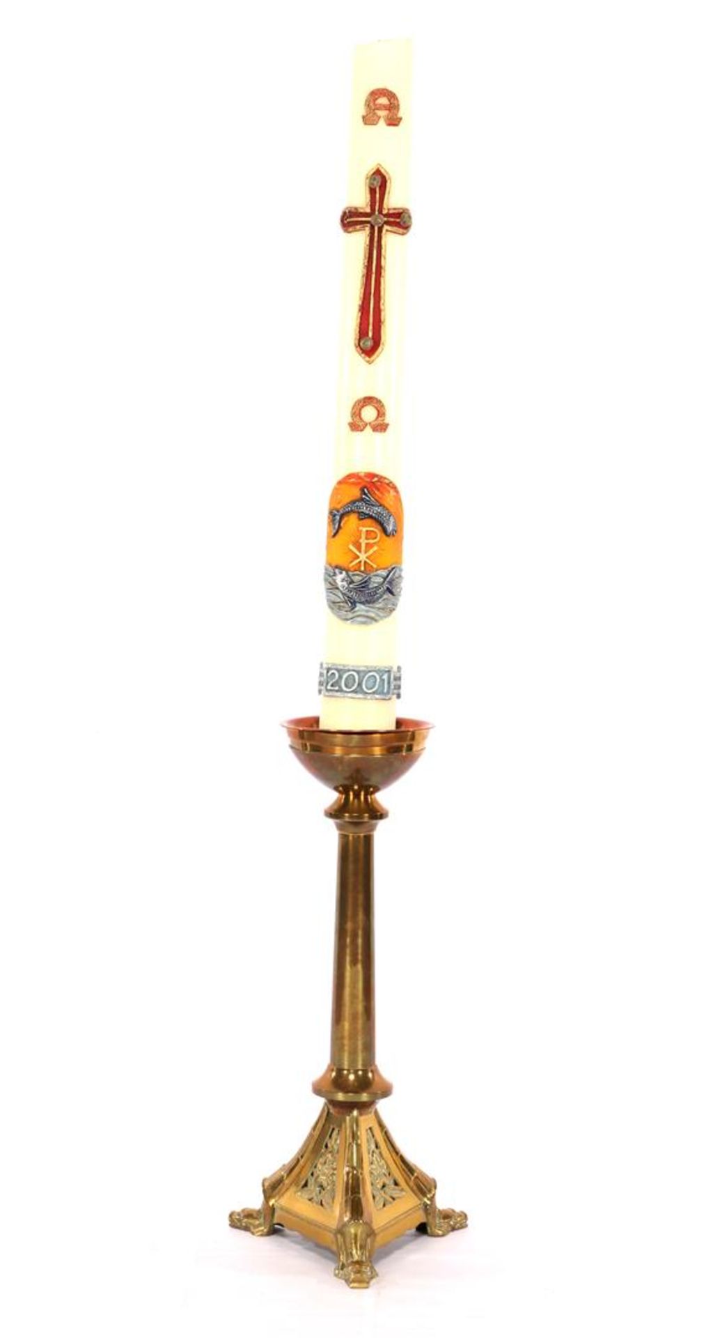 Copper pen candlestick, approx. 65 cm high with Easter candle, total 135 cm high