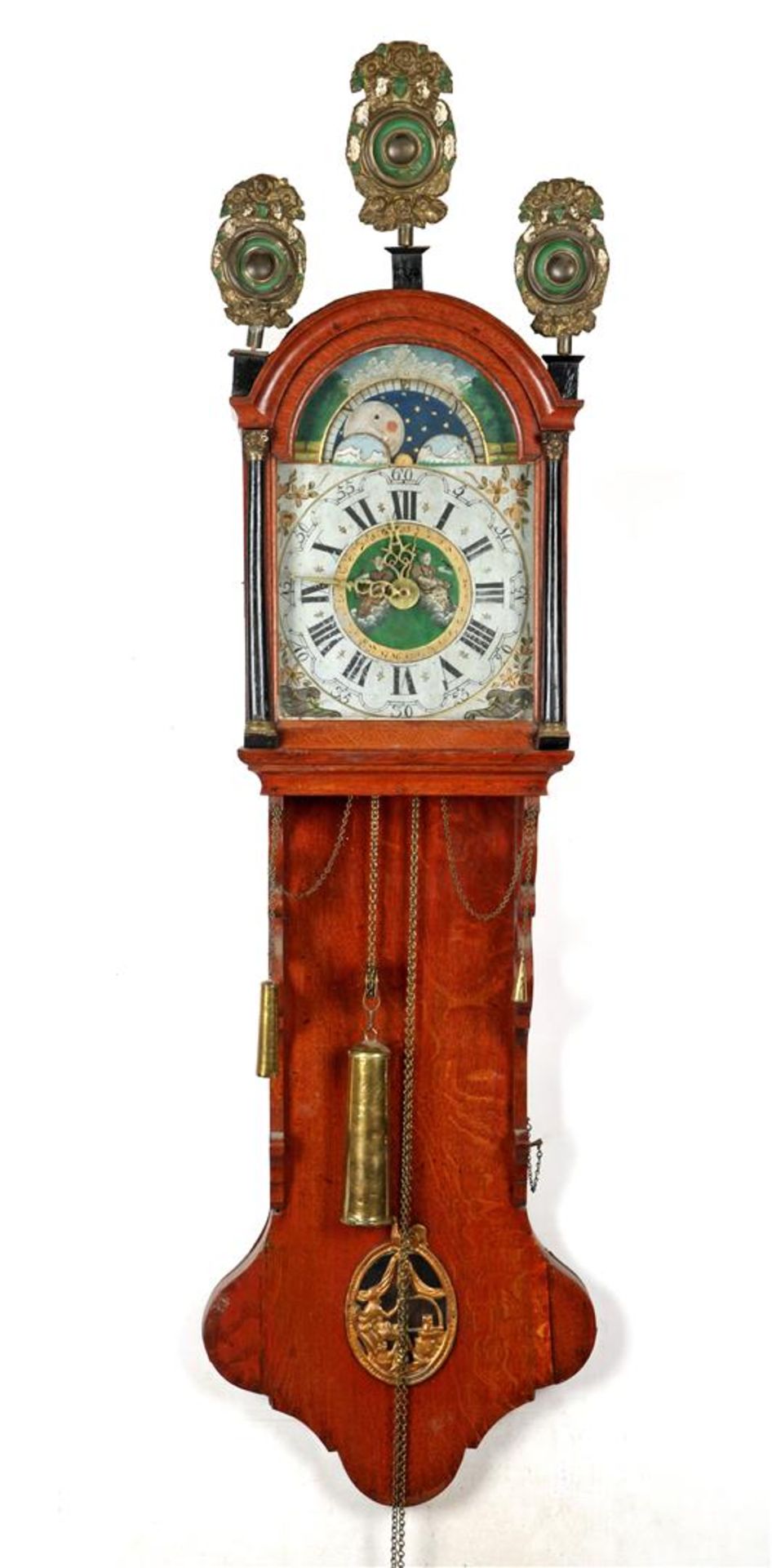 Frisian tail clock in oak case with painted dial, moon phase, half-full columns & nbsp; and