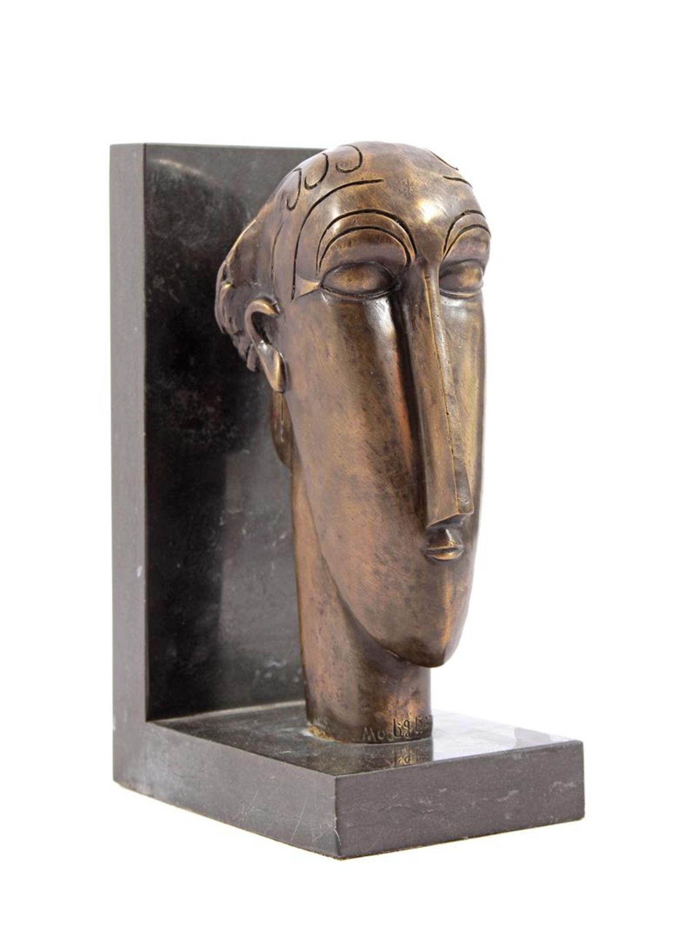 Anonymous, bookend with bronze sculpture of a face, inspired by Amedeo Modigliani, 26 cm high