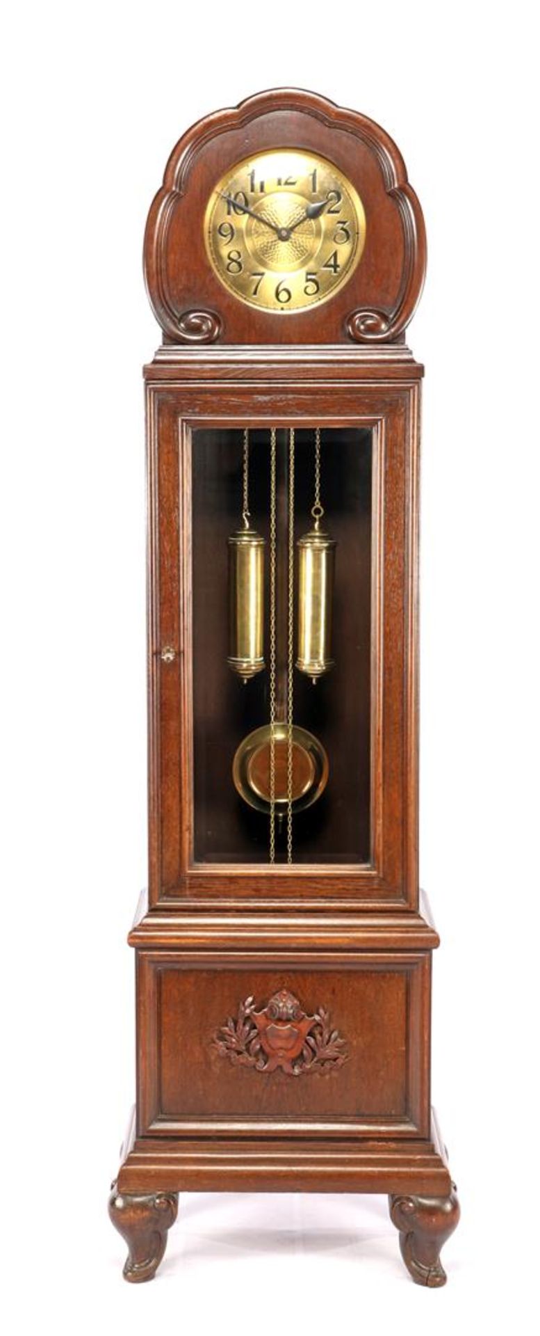 Art Deco grandfather clock in oak case with facet cut glass in door and ornament on front 195 cm