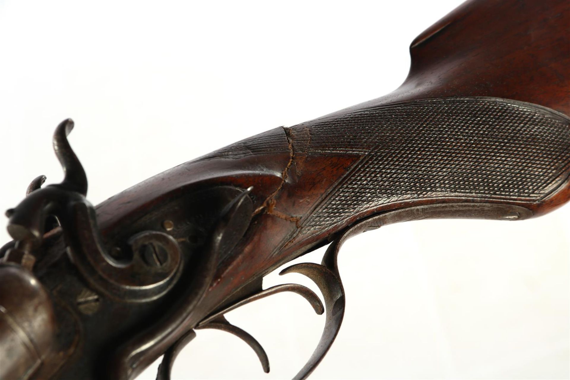 Antique double-barreled shotgun with waffled wooden butt, W Moore & amp; Co, 125 cm long (glued - Image 4 of 4