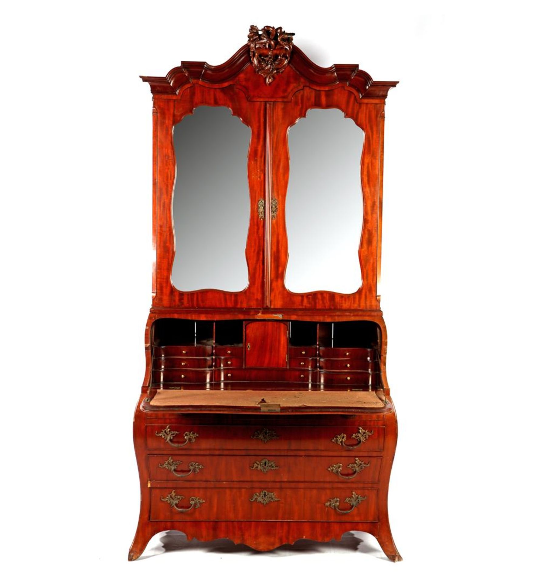 Louis Seize folding desk with loose curb with inserted crest, doors with old mirrors, 239 cm high,