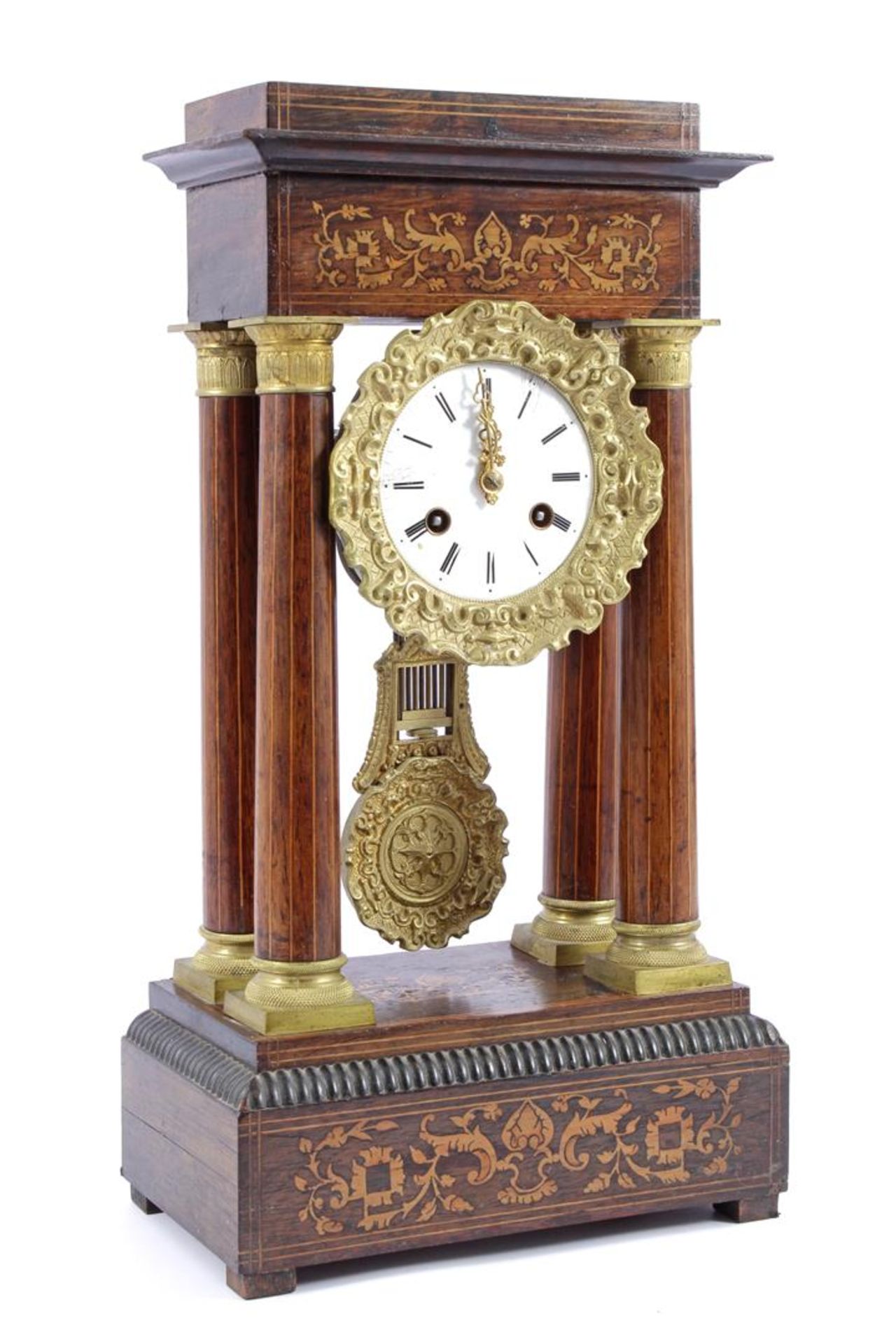 French Empire column mantel clock in walnut case with intarsia, movement marked Pons and Gaborit a