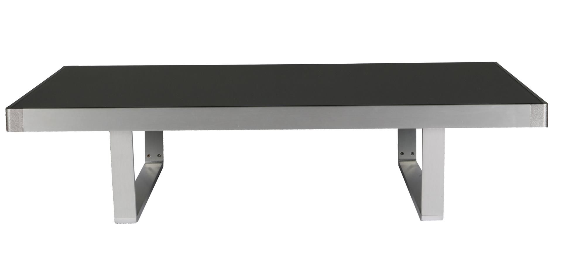 Design coffee table, aluminum frame with black glass plate, 35.5 cm high, 150x90 cm