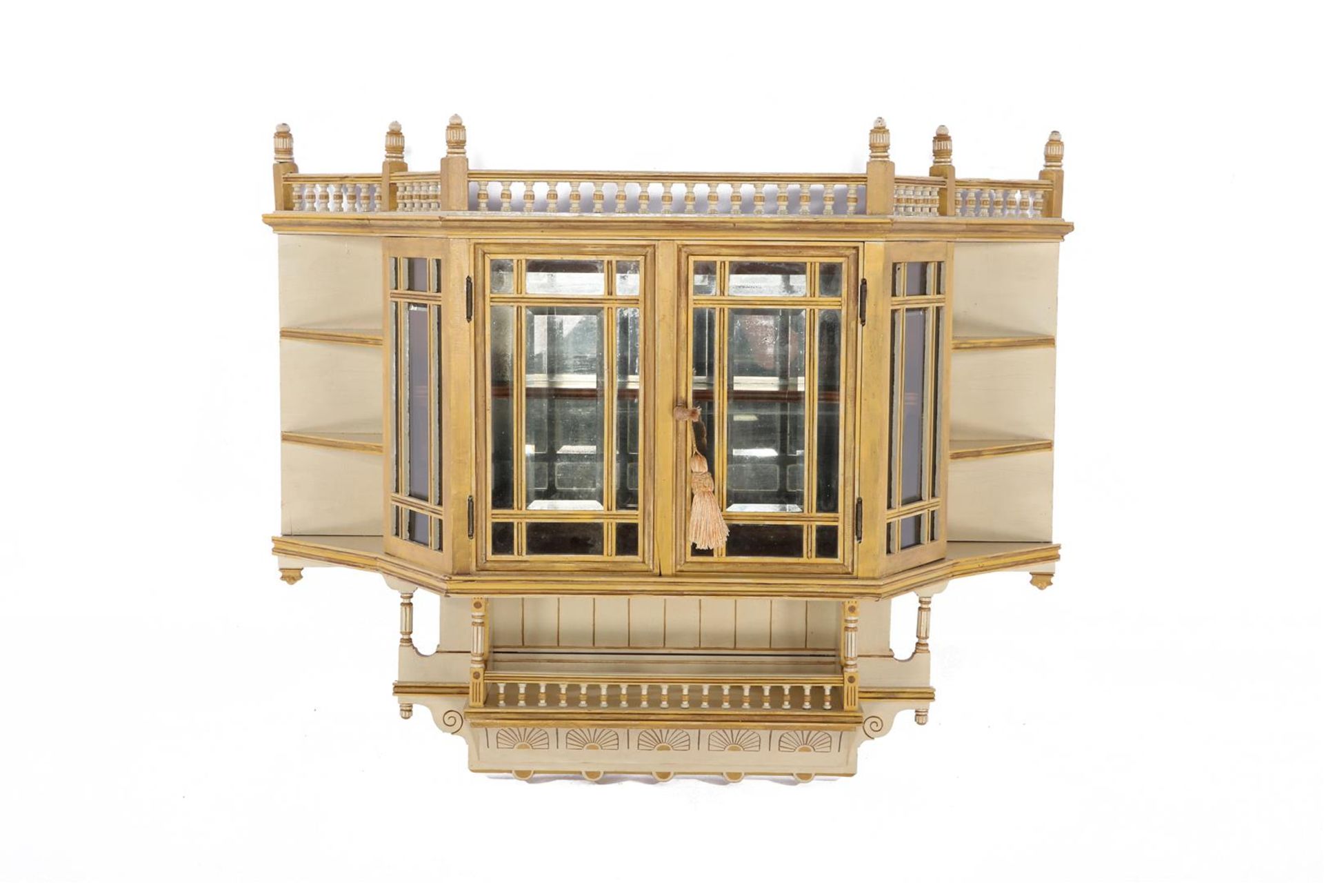 Beautiful teak 2-door colored wall display cabinet with facet cut windows, trellises, ornaments,