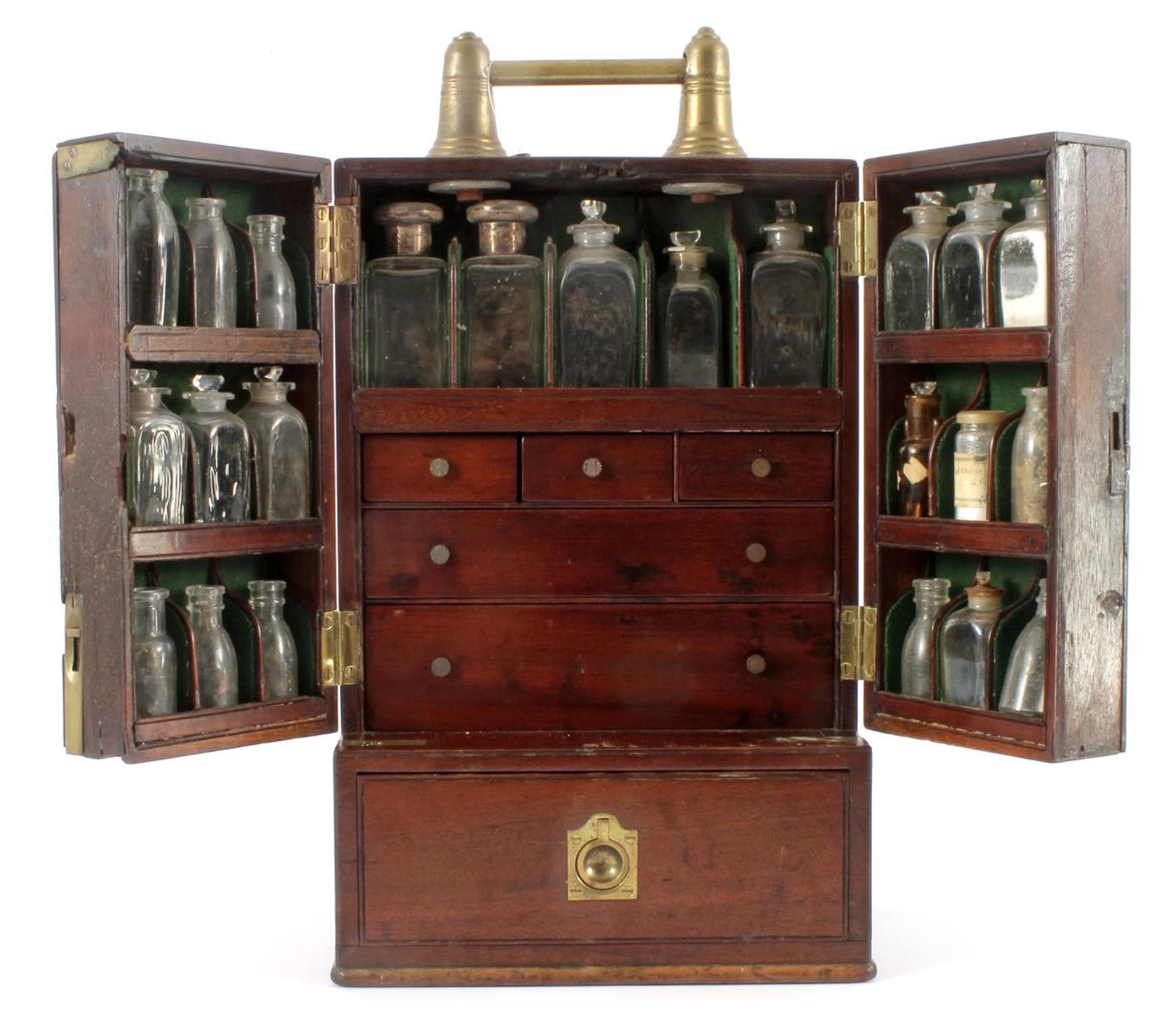 Very unique 19th century travel pharmacy with behind the 2 doors 5 drawers with old balance, 23