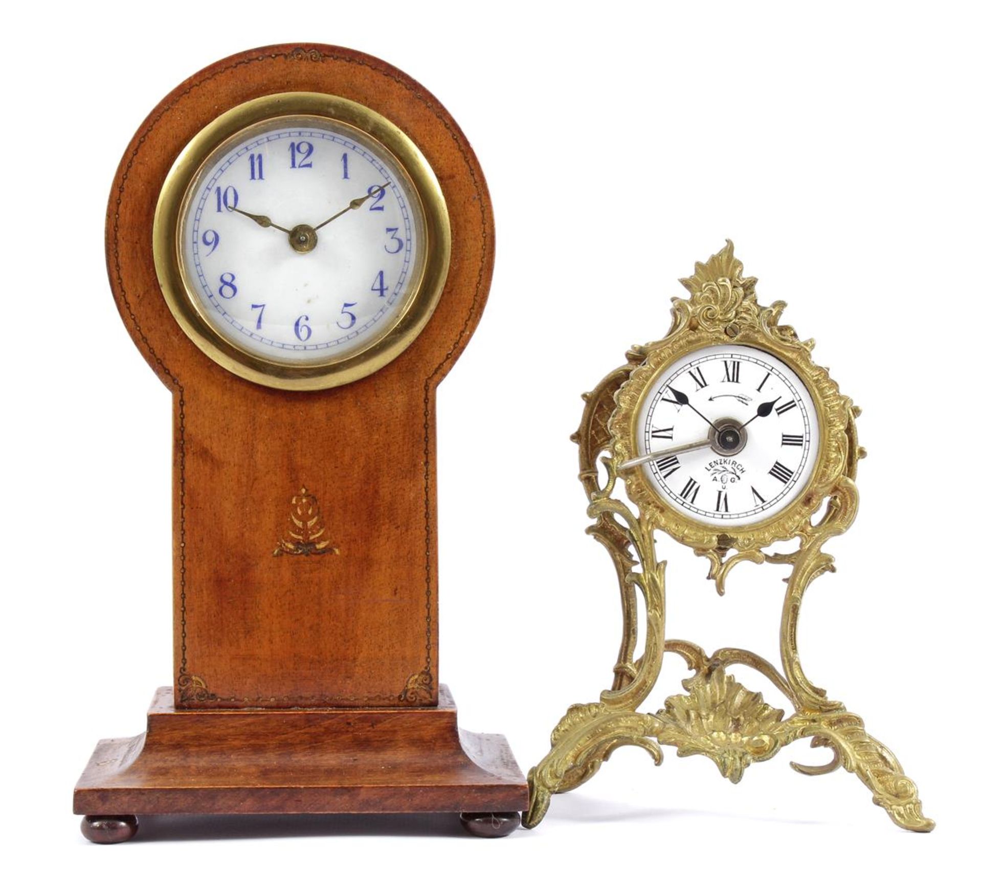 Lenzkirch table clock 17.5 cm high, 12 cm wide (timepiece runs fine) and table clock with alarm