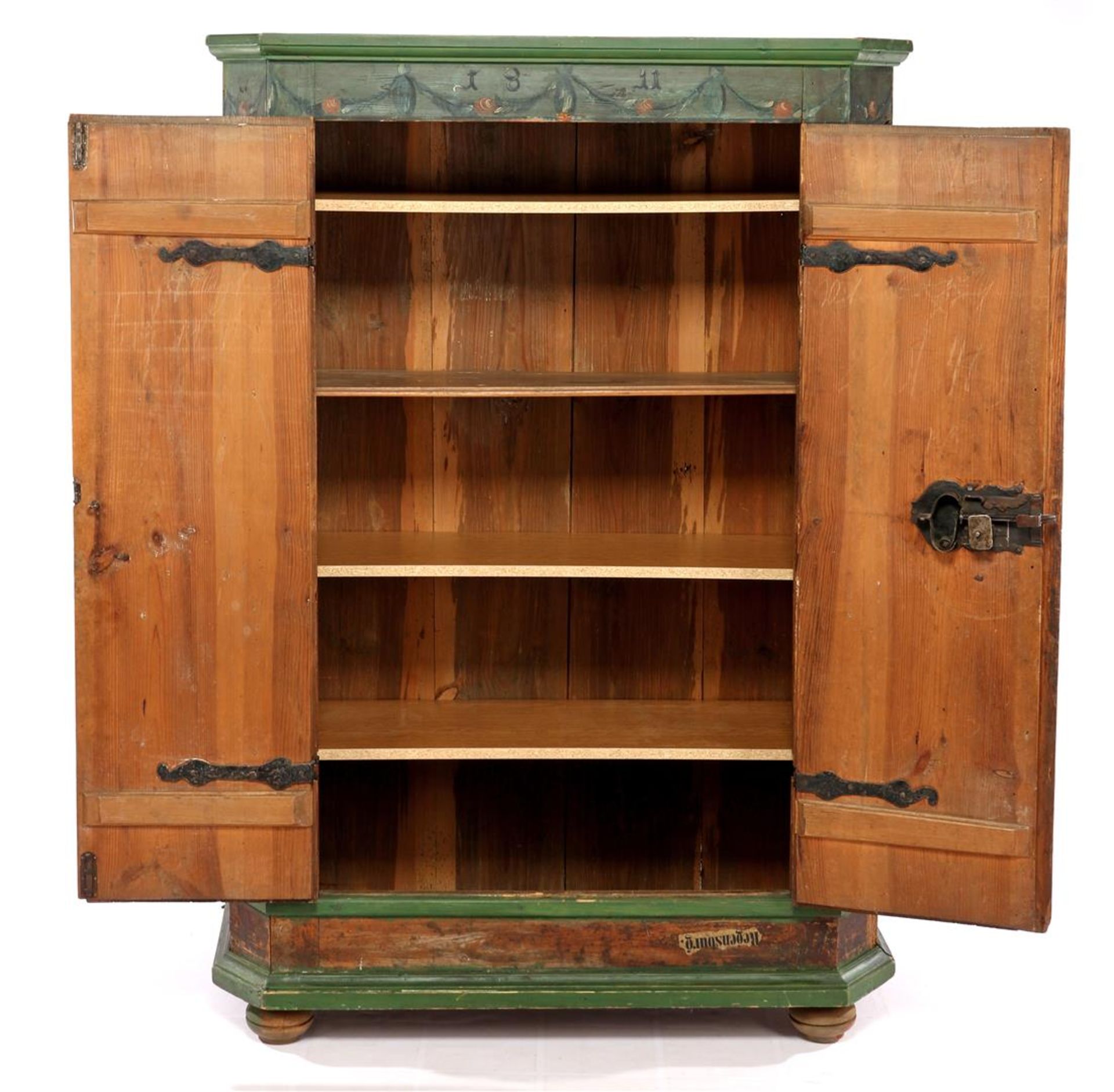 Pine painted 2-door cabinet with beveled corners, dated 1811, standing on ball feet 176.5 cm high, - Bild 3 aus 6