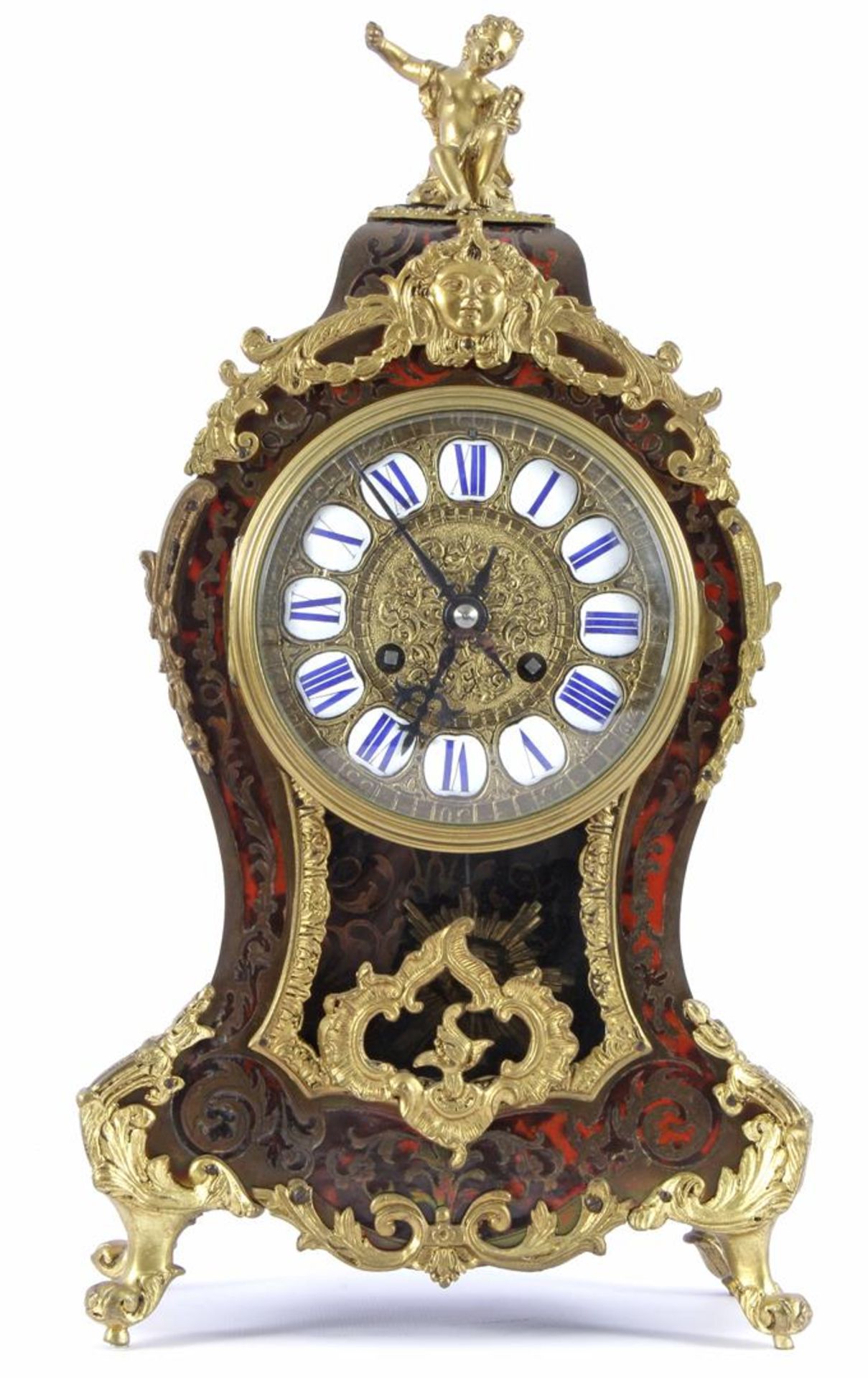 French Louis Quinze style 19th century console clock with brass boulle marquetry, enameled numeral