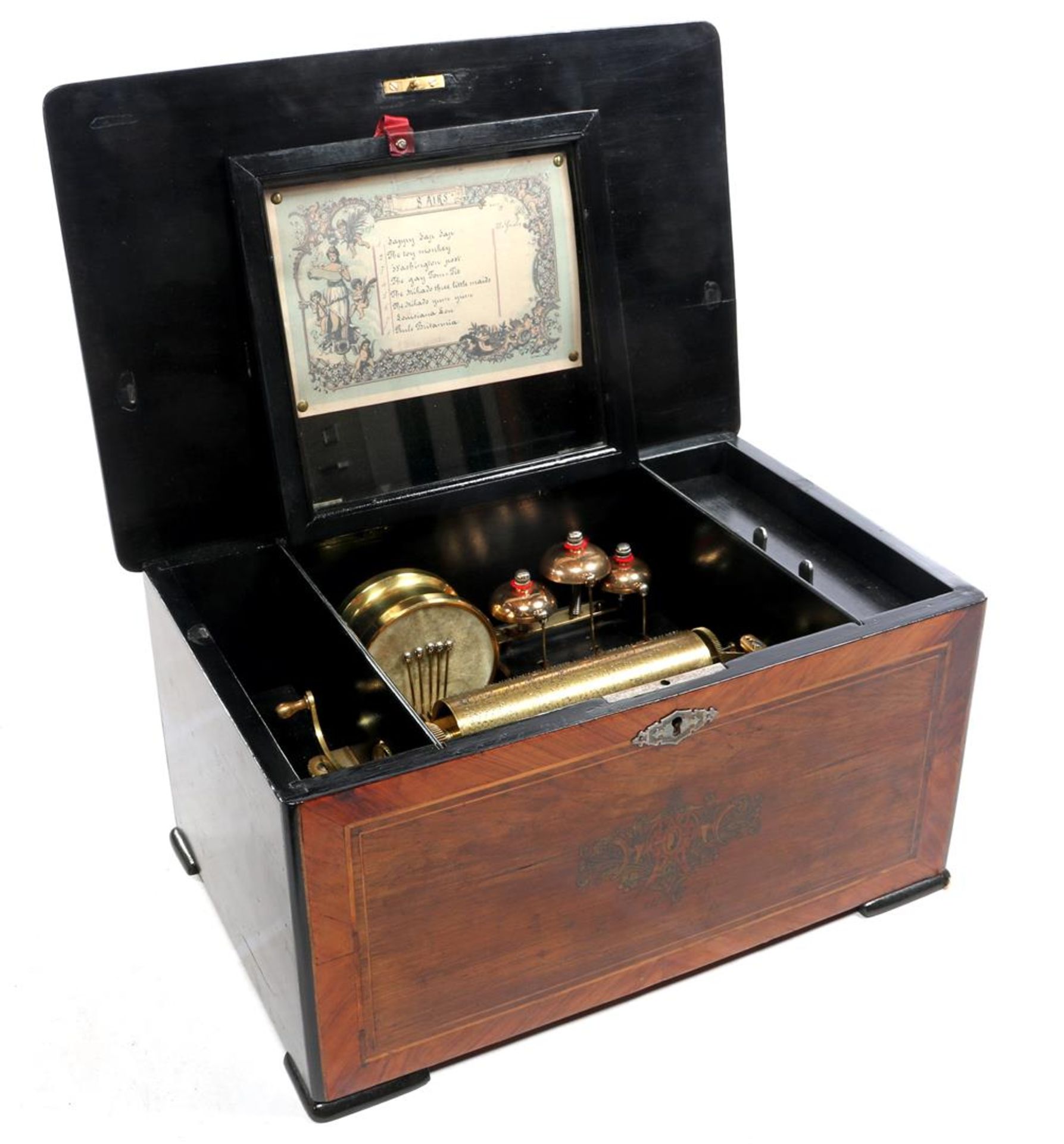 Very nice 19th century music box with roll with 8 melodies with drum and 3 bells. Cabinet with