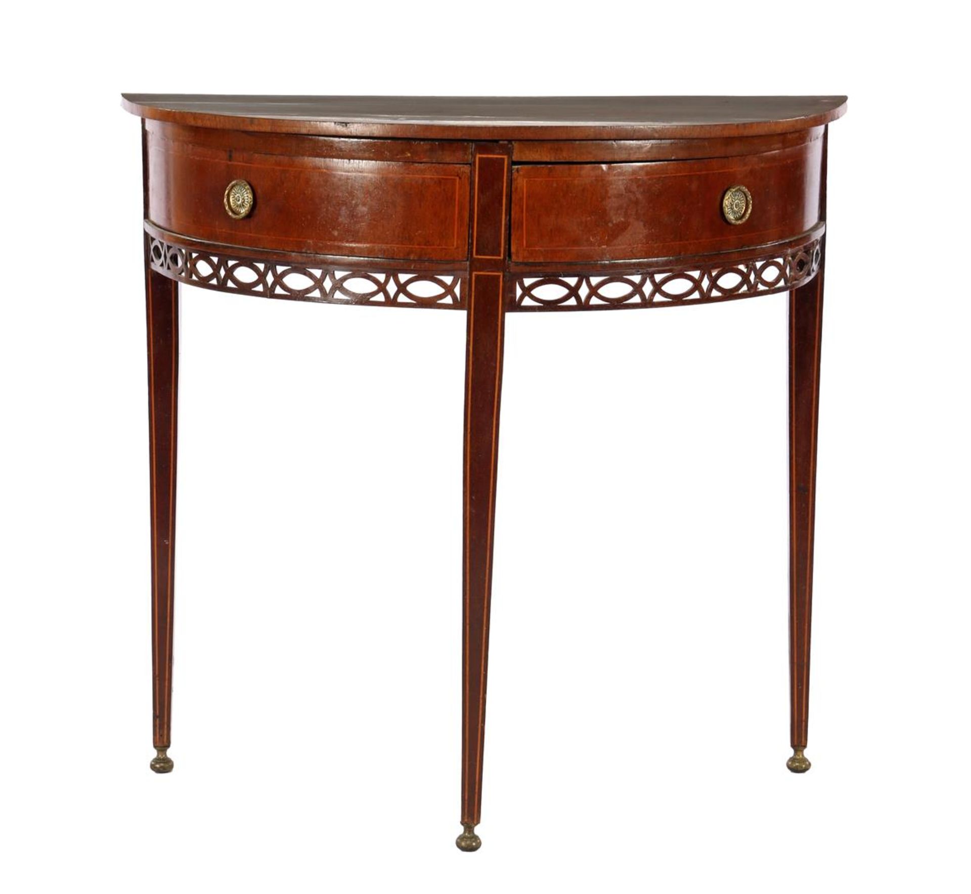 Mahogany veneer on oak Louis Seize demi lune table with intarsia trims, & nbsp; lace-sawn & nbsp;