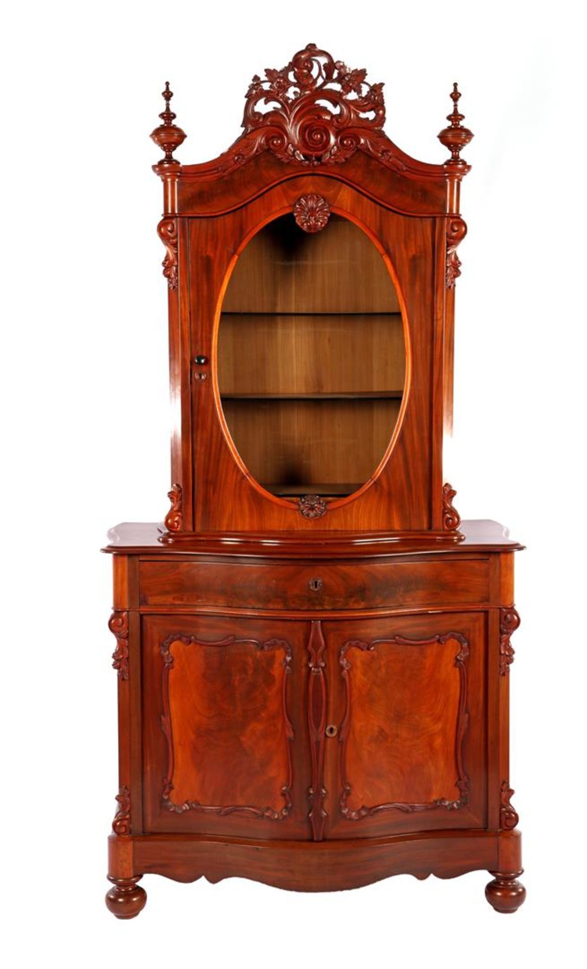 Mahogany veneer Biedermeier bonheur with crest on top cabinet and curved front base cabinet 235 cm