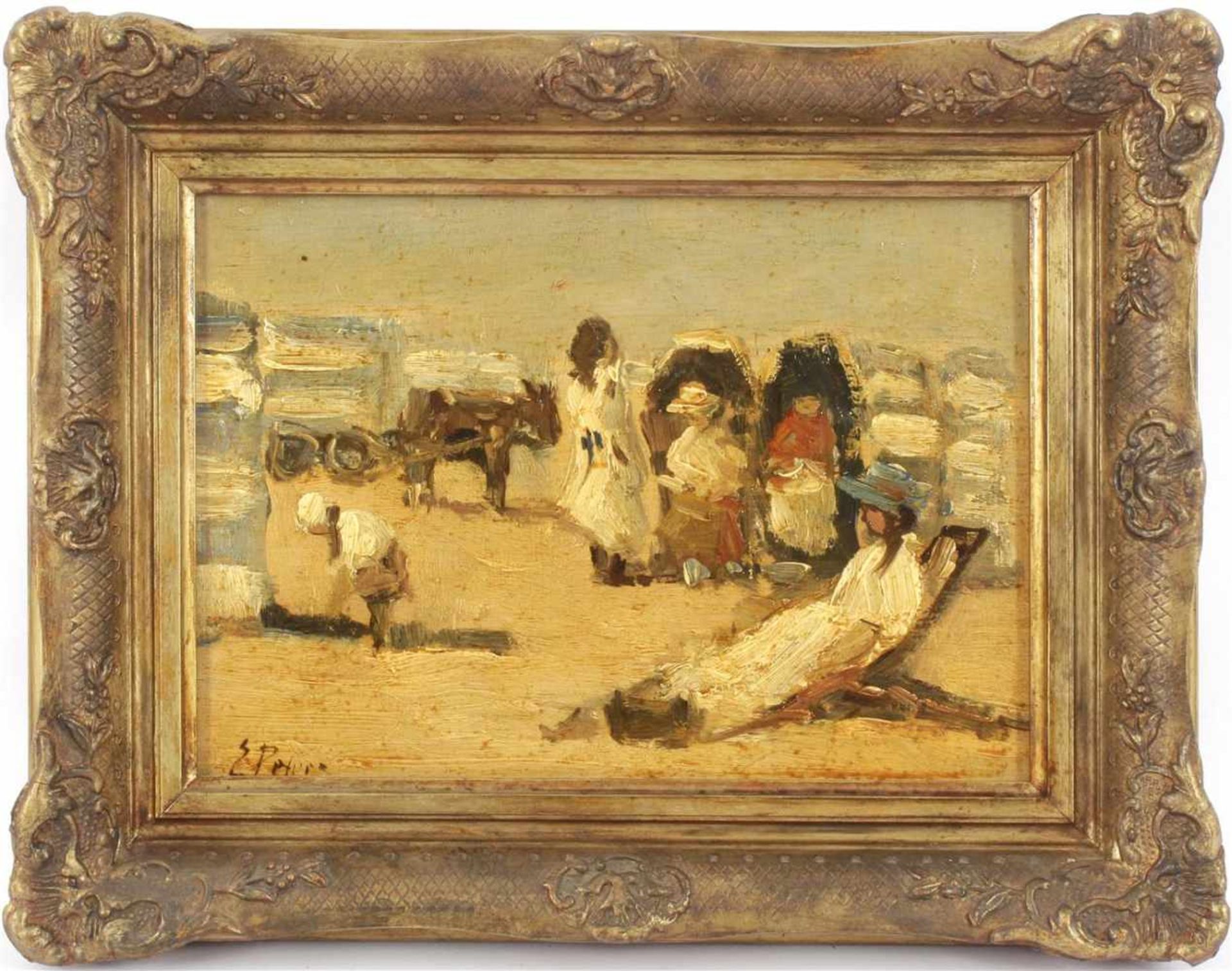 Signed E Peters, Figures on the beach with hitched donkey, panel 18x24 cm