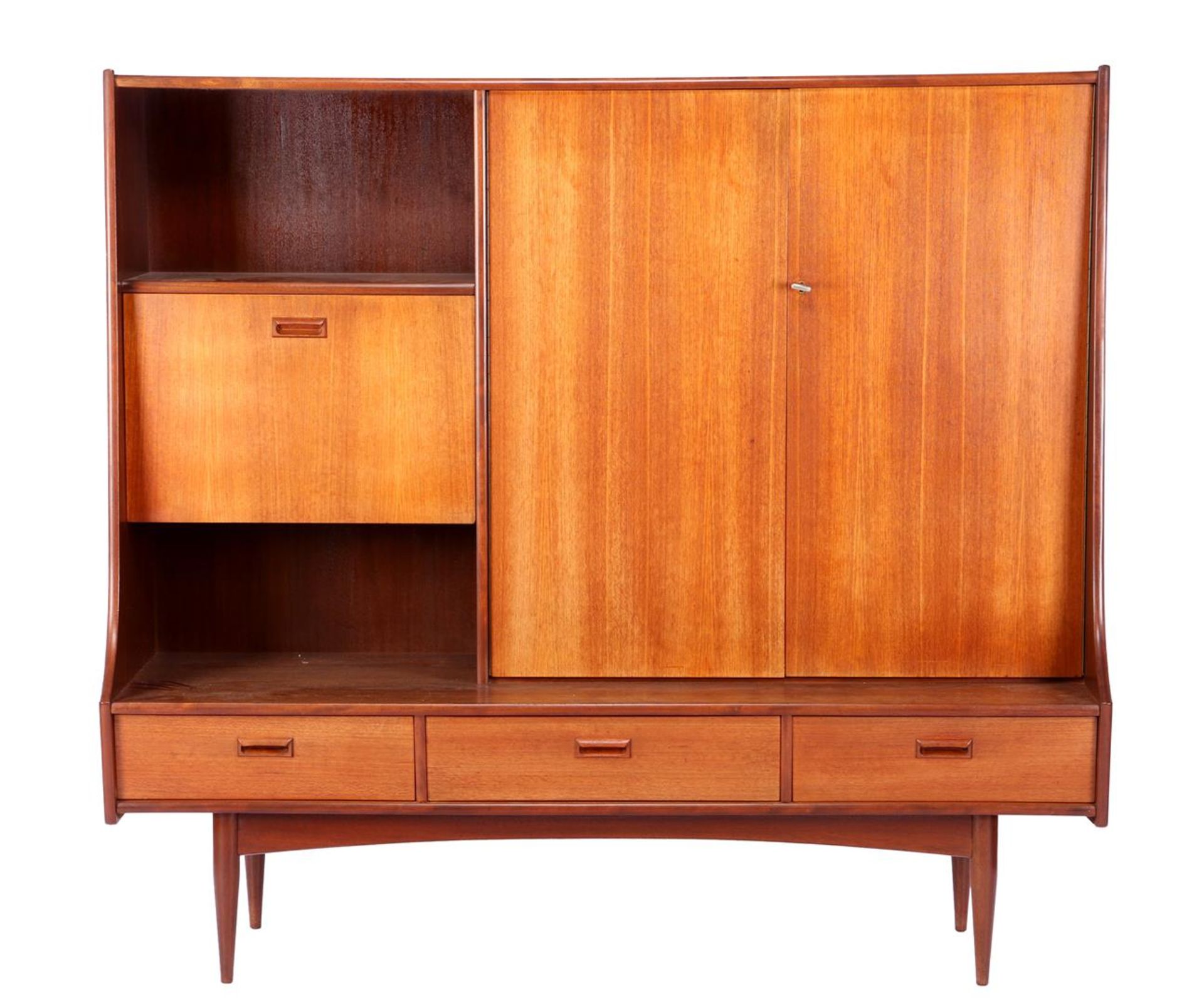 Design Berner Huwil, teak veneer salon cabinet with 2 doors, & nbsp; flap, 3 drawers and open