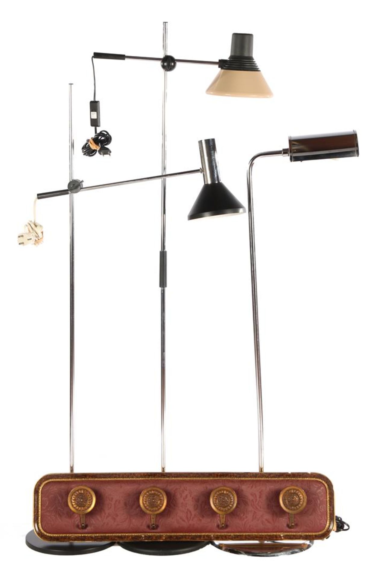 2 metal fishing rod lamps and metal floor lamp, highest 143 cm, and Pieterman Schiedam coat rack