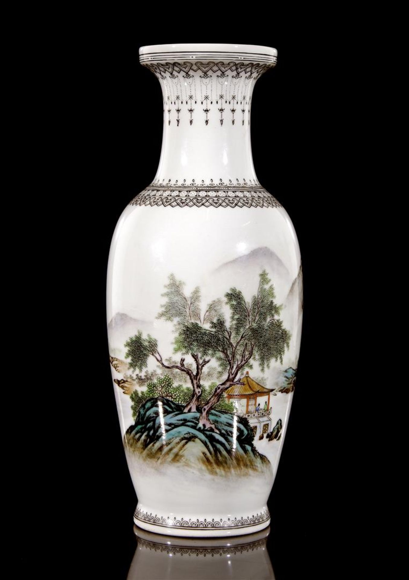 Porcelain vase with polycrhom decor of landscape, China, circa 1900, 30.5 cm high