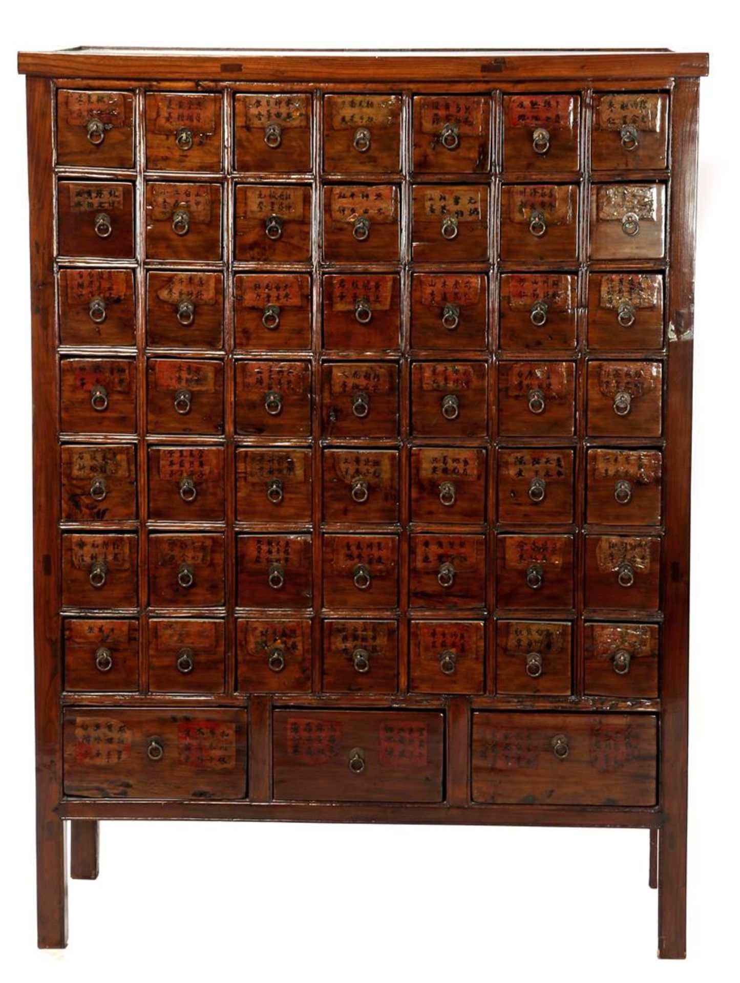 Teak Chinese chest of drawers with inscriptions, 155 cm high, 115 cm wide and 45 cm deep