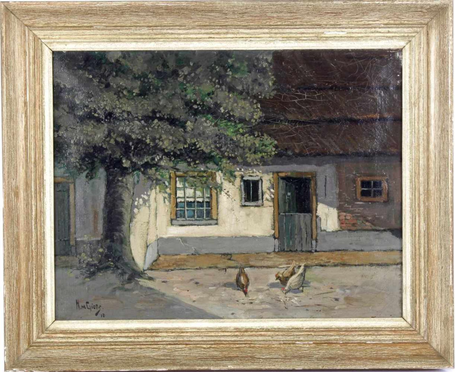 Unclearly signed, barnyard with chickens, oil on canvas, 44x34 cm