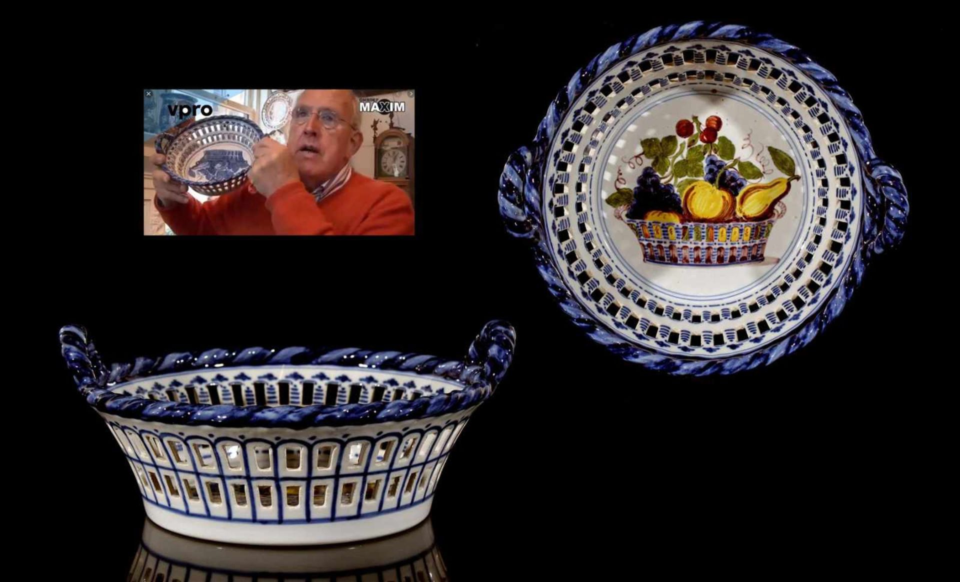 Tichelaar Makkum earthenware basket with polychrome fruit basket decoration 11.5 cm high, 27.5 cm