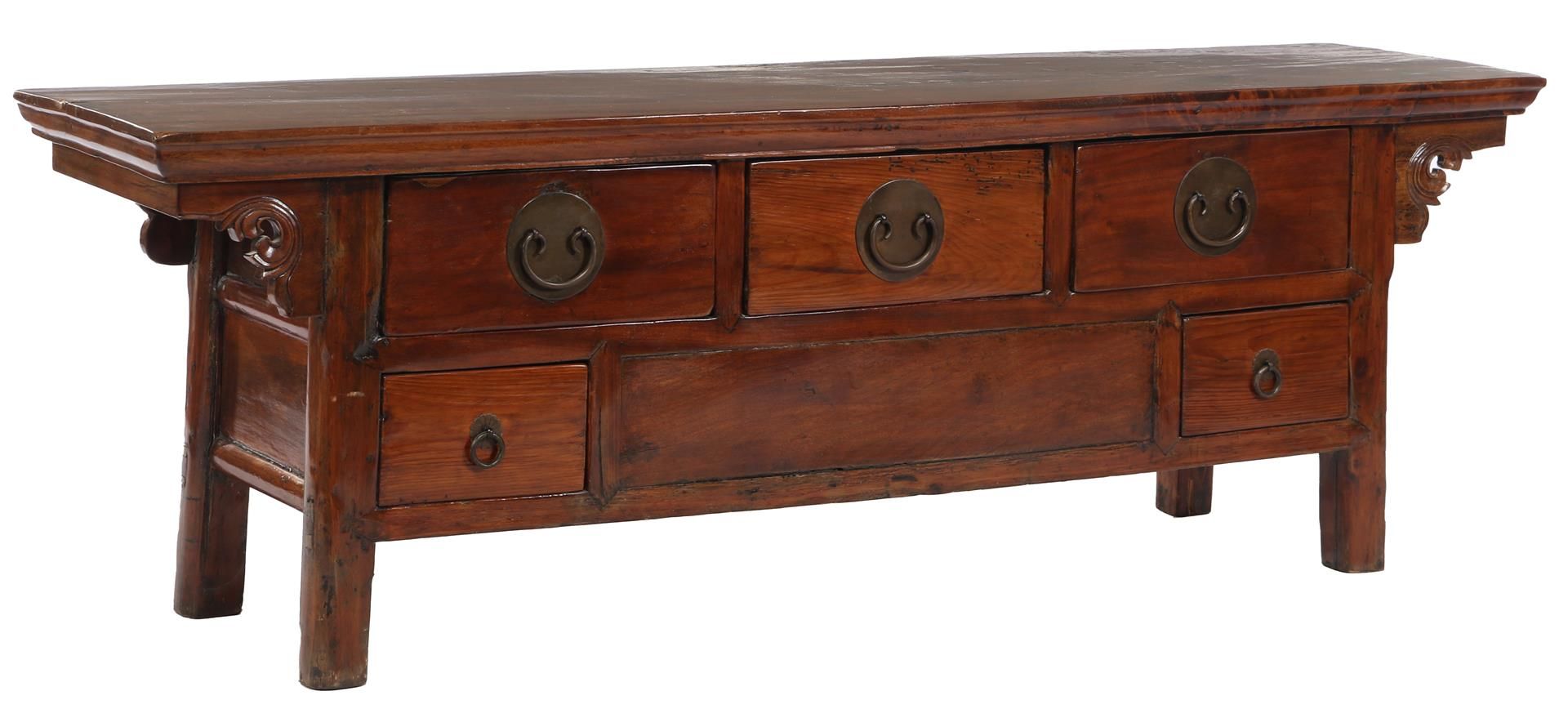 Teak Chinese chest of drawers / bench with 5 drawers, 51 cm high, 151 cm wide and 37 cm deep (damage