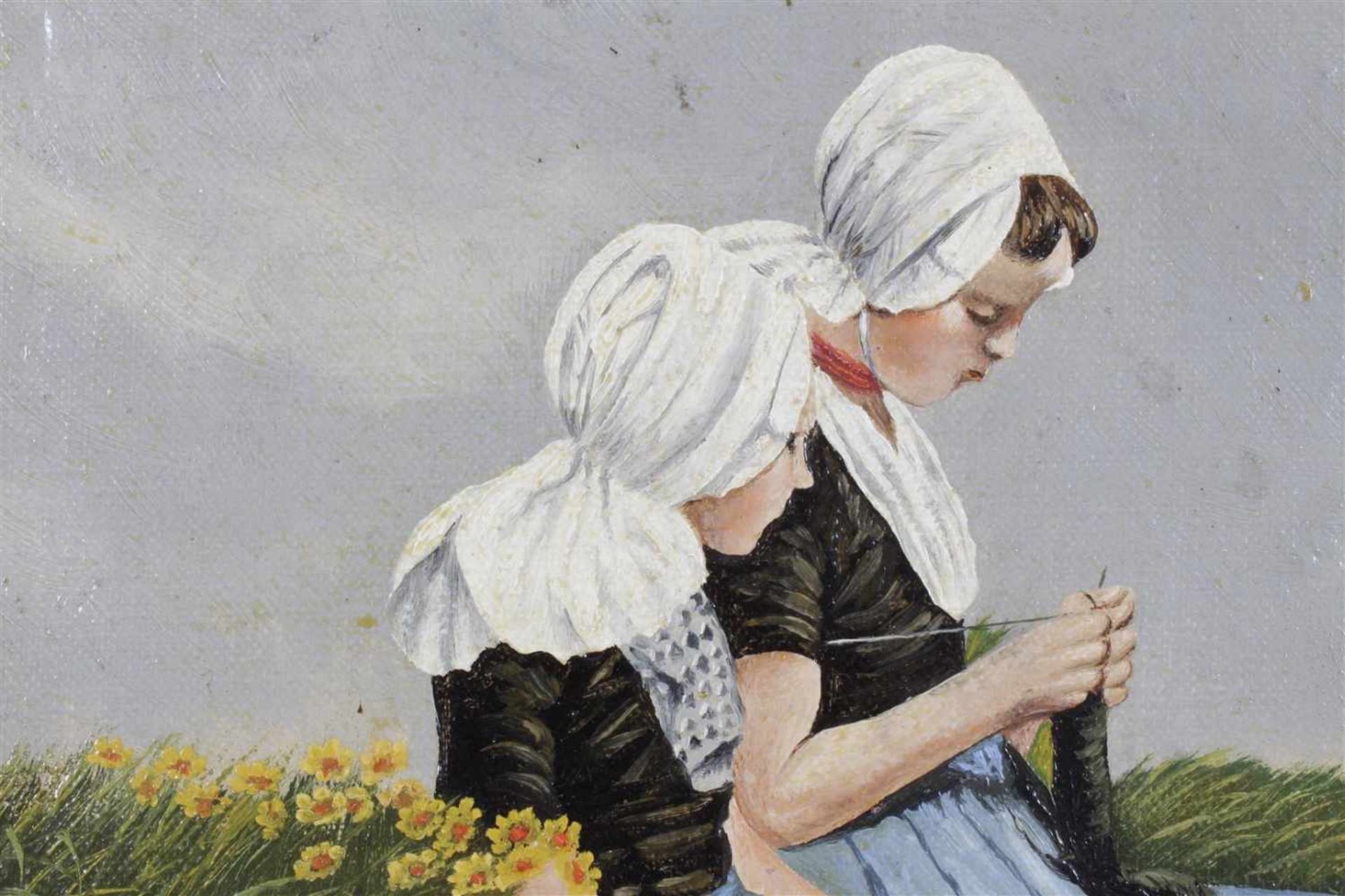 Signed JCL IJssel, Hand-working girls in grass, maroufle 24x33 cm - Bild 2 aus 2