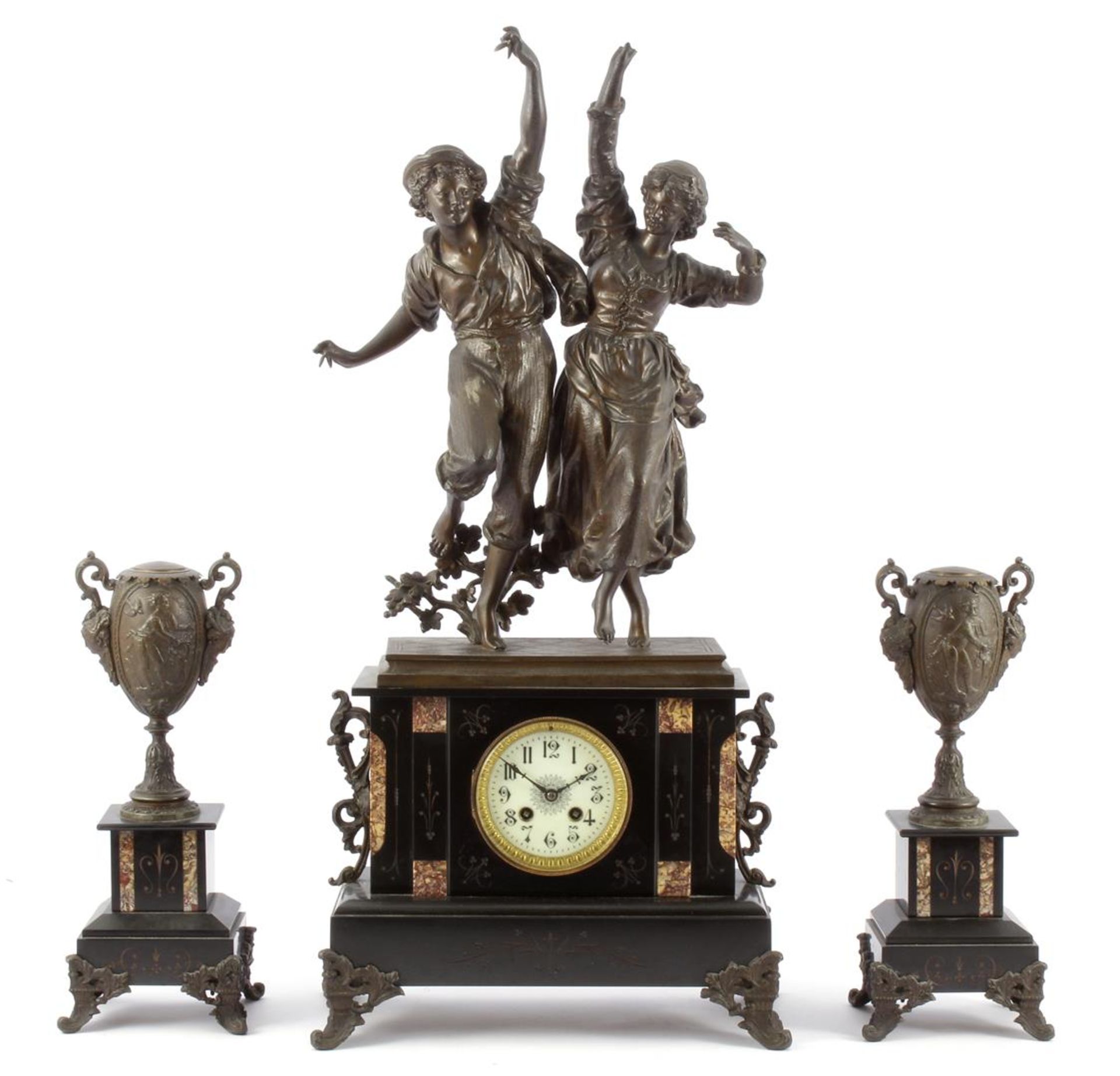 French marble mantel clock with zamak sculpture group of a dancing couple on top, marked AD Mougin &