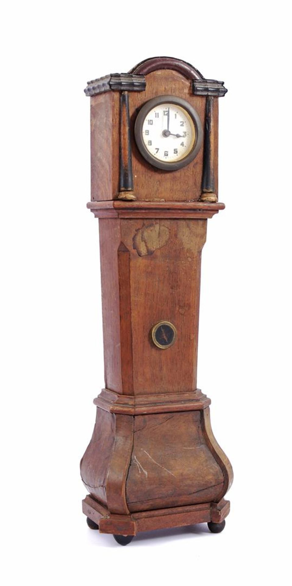 Miniature grandfather clock in walnut case, with alarm clock 41.5 cm high, 12.5 cm wide