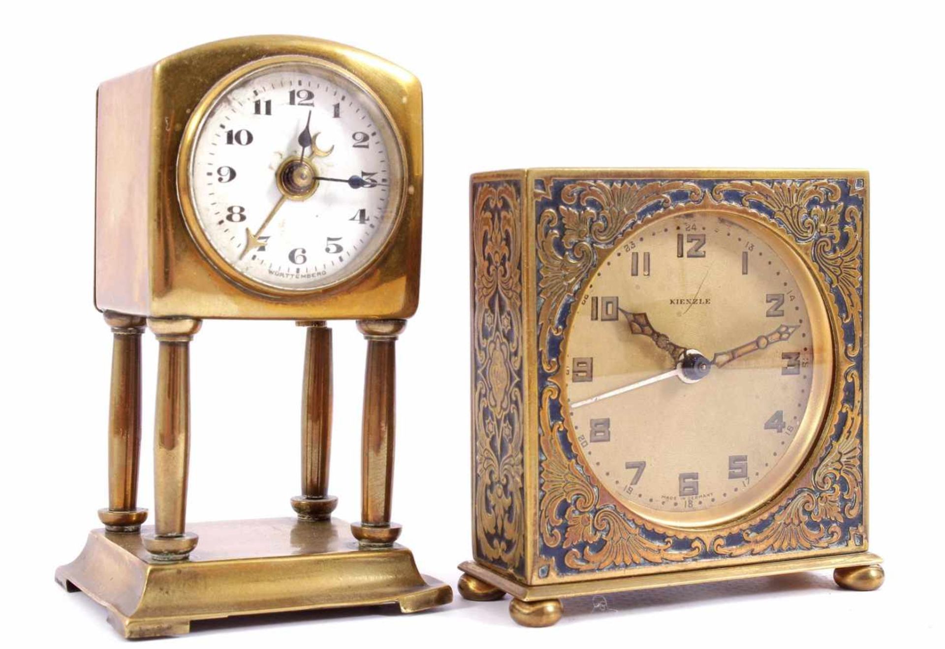 Kienzle alarm clock in beautiful brass case 7x7 cm and alarm clock in brass case, marked on dial