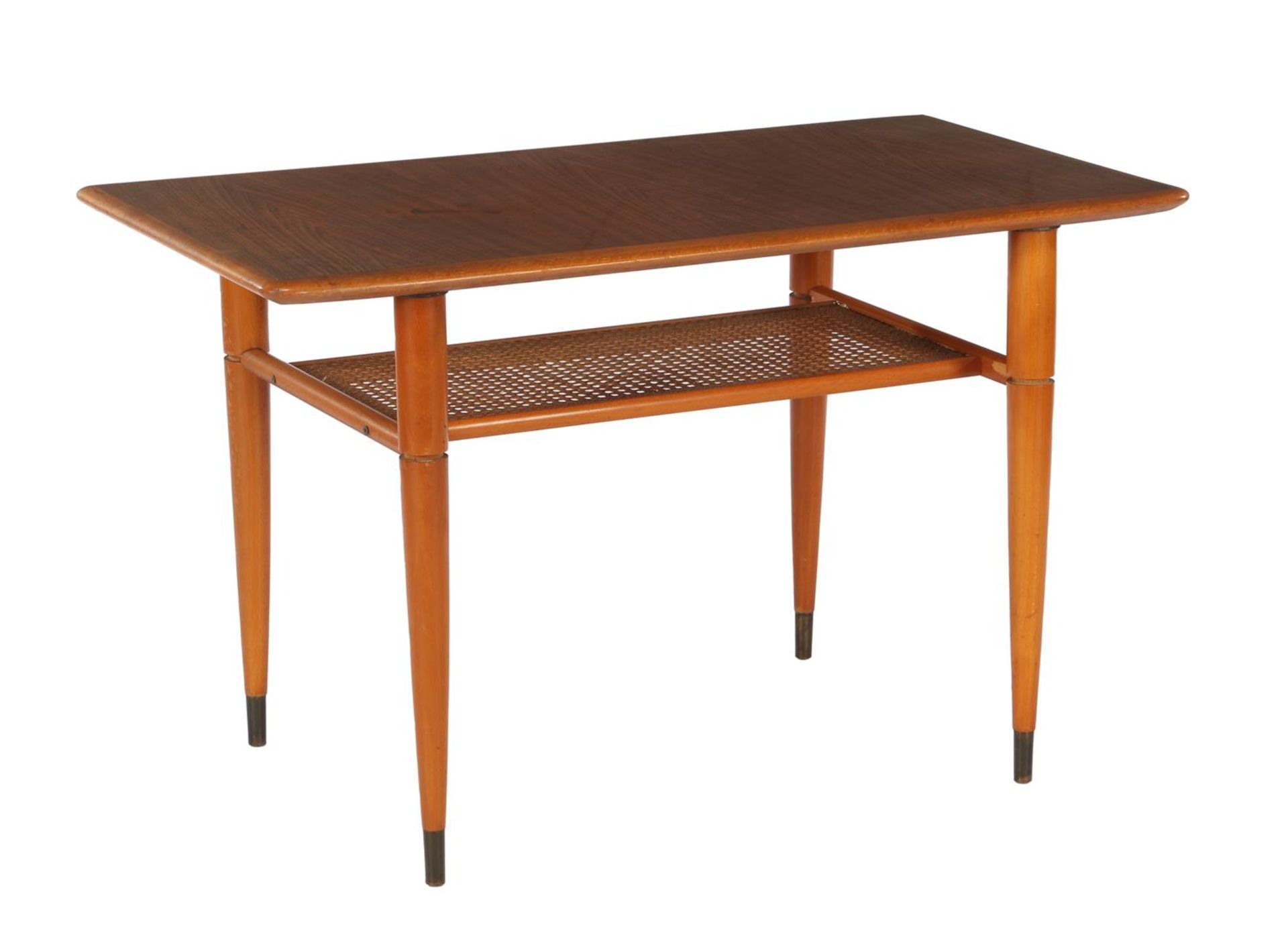 Teak with beech wood & nbsp; table with webbing underlay, 1970s, 54.5 cm high, top 90 x 50 cm