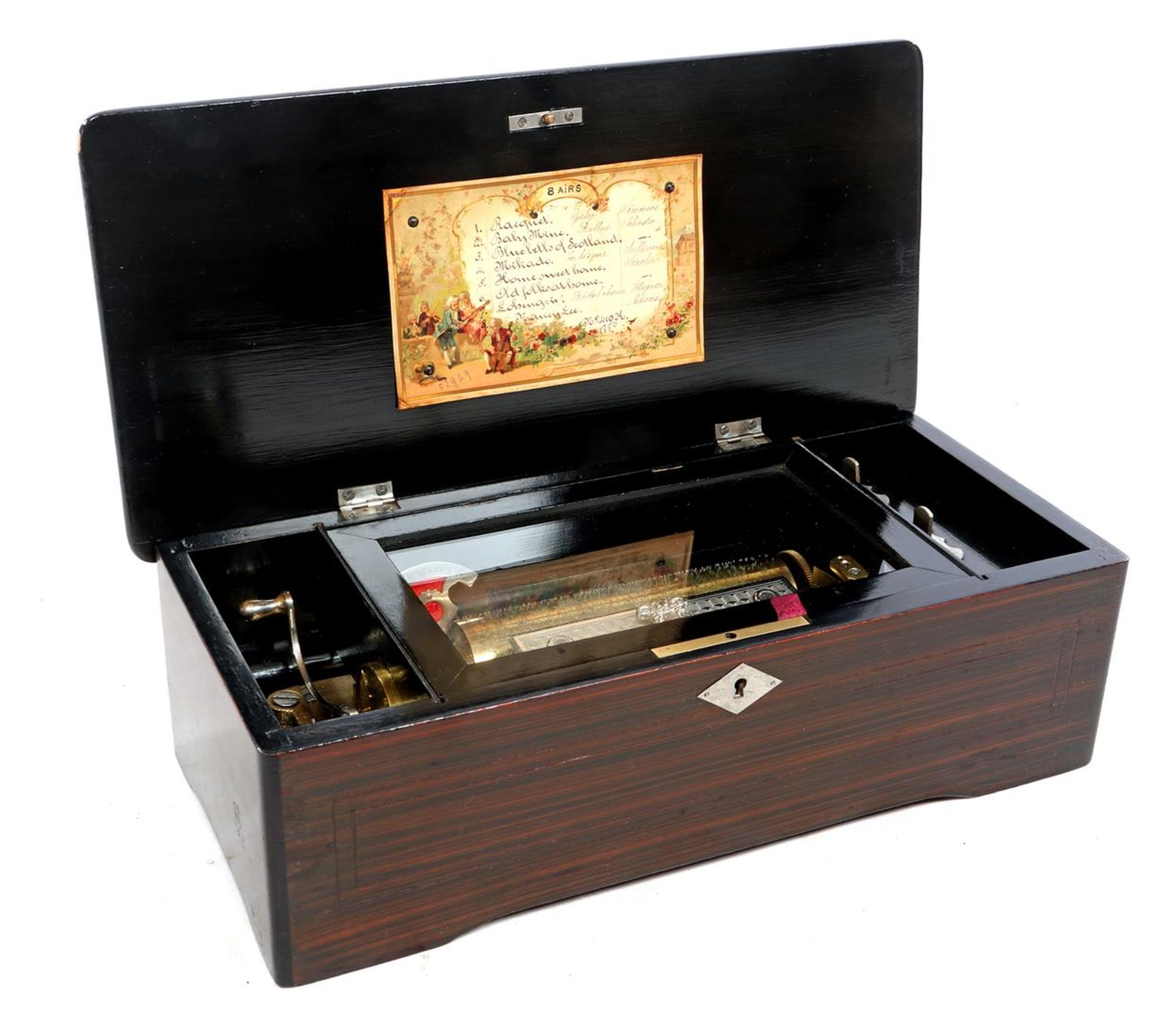 Very nice 19th century music box with roll with 8 melodies. Cabinet with & nbsp; inlaid piping &
