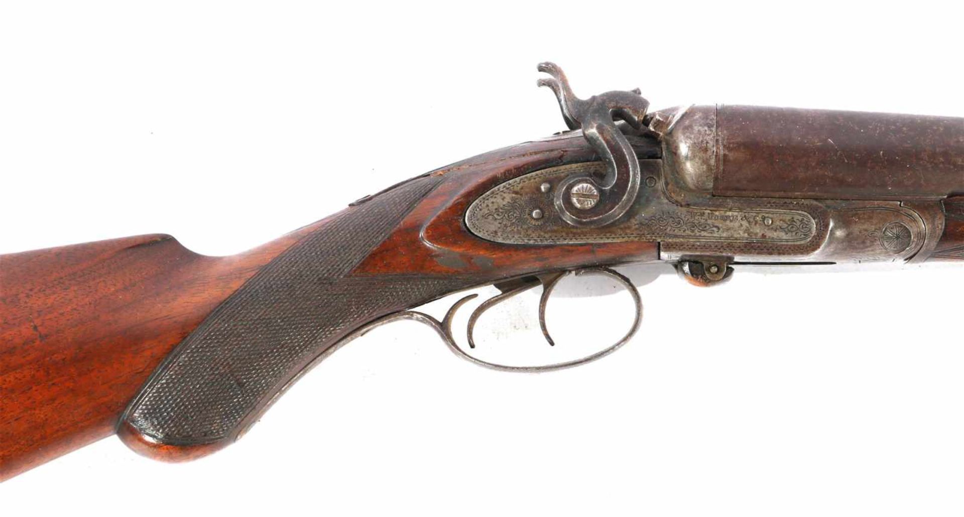 Antique double-barreled shotgun with waffled wooden butt, W Moore & amp; Co, 125 cm long (glued - Image 2 of 4