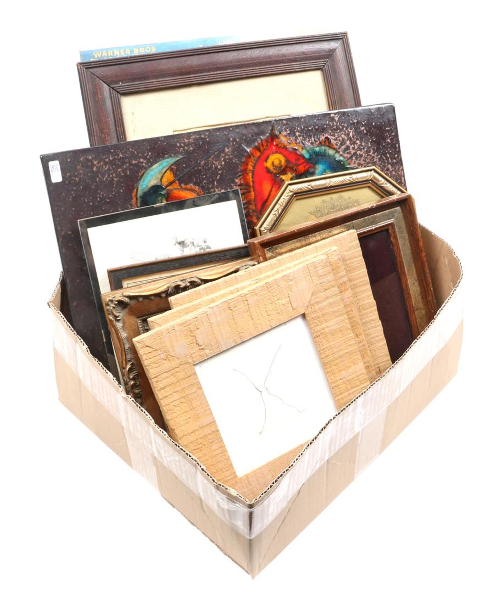 Box with various wall decorations including 3 works by Philip Boas, ceramic tile, drawing and