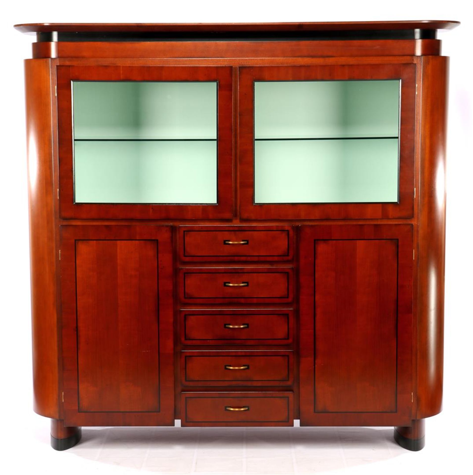 Heldense, oval cupboard with display area with glass shelves, 2 doors, 5 drawers and halogen